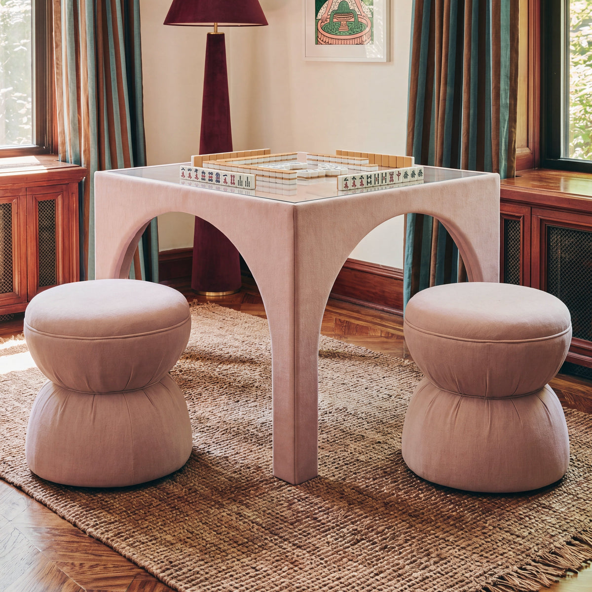 TOV Furniture Tomlin Light Pink Performance Chenille Game Table and Two Ottomans Set