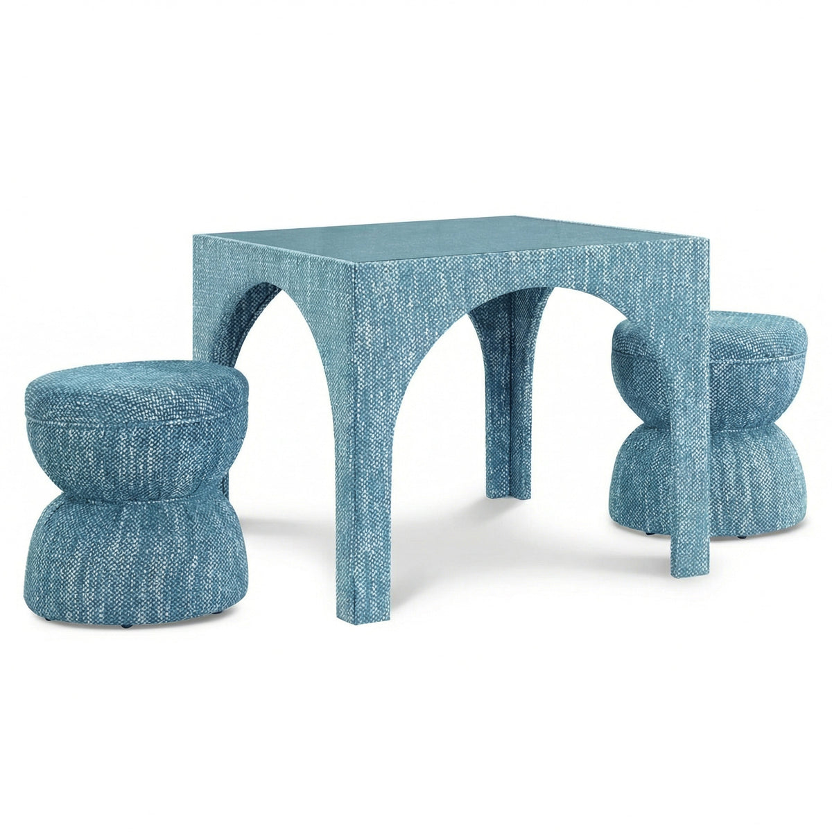 TOV Furniture Tomlin Performance Chenille Game Table and Two Ottomans Set in teal chenille, primary product view