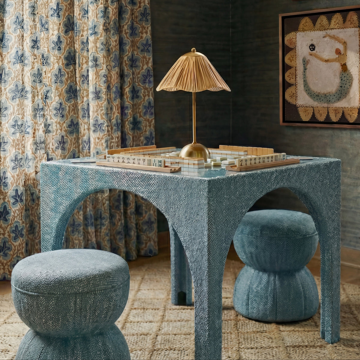 TOV Furniture Tomlin Teal Performance Chenille Game Table and Two Ottomans Set