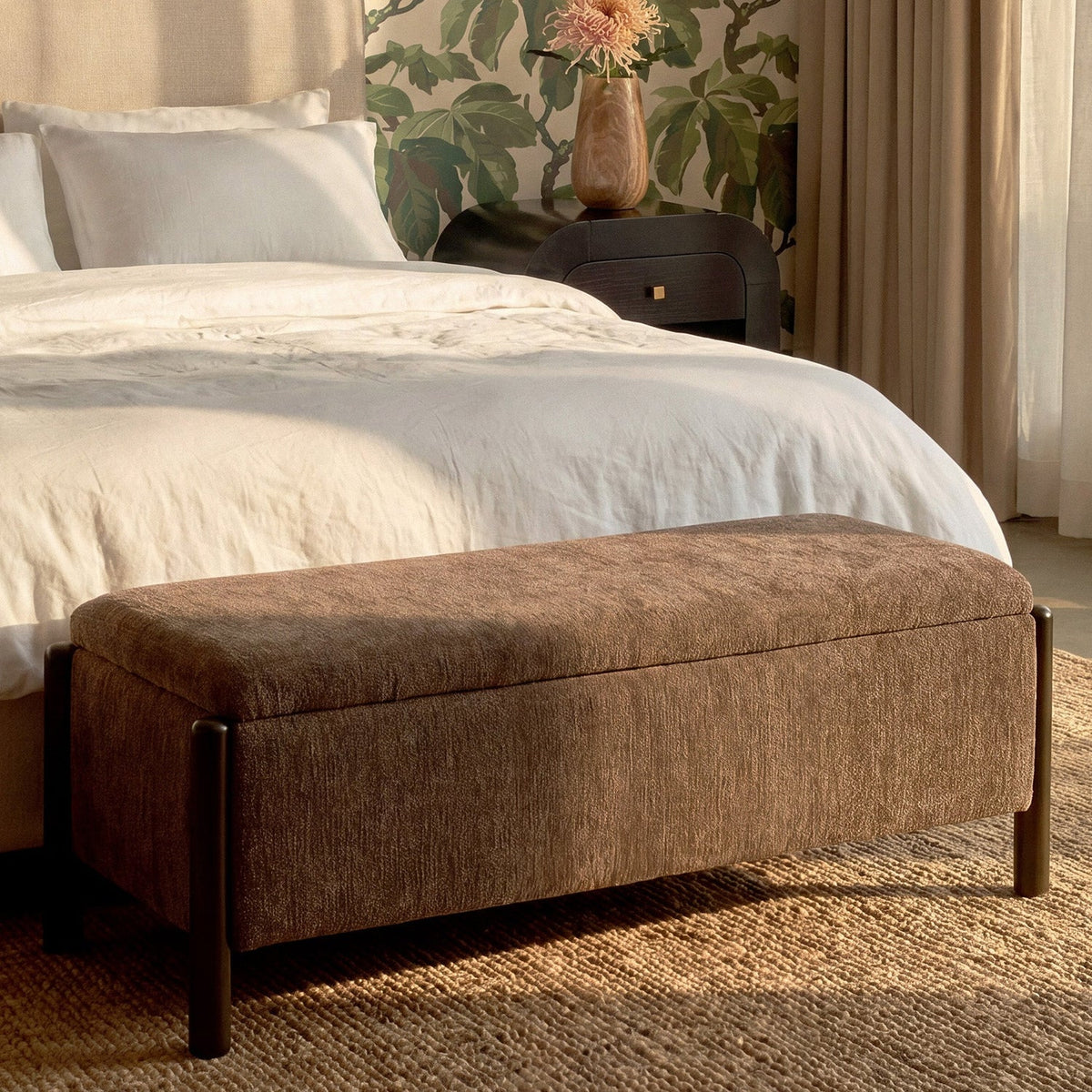 TOV Furniture Abby Nubby Brown Storage Bench in brown textured fabric, primary product view