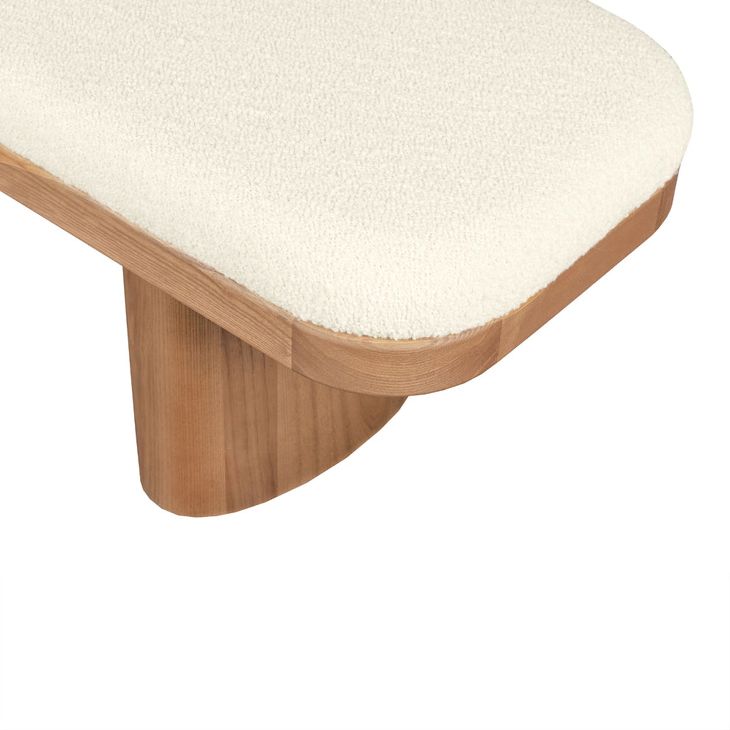 TOV Furniture Ollie bench in white boucle on warm ash wood, detail of the upholstery texture.