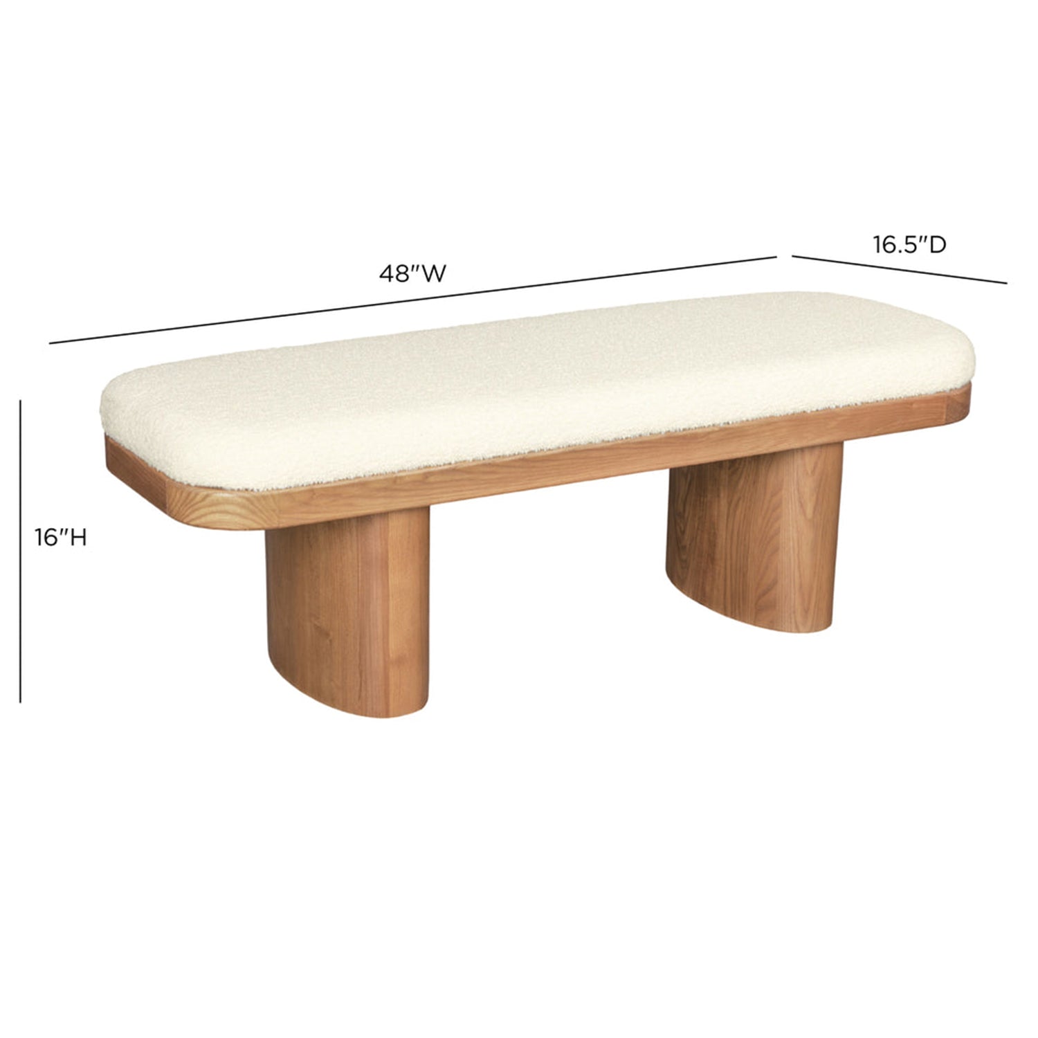 TOV Furniture Ollie bench in white boucle on warm ash wood, styled in a room setting.