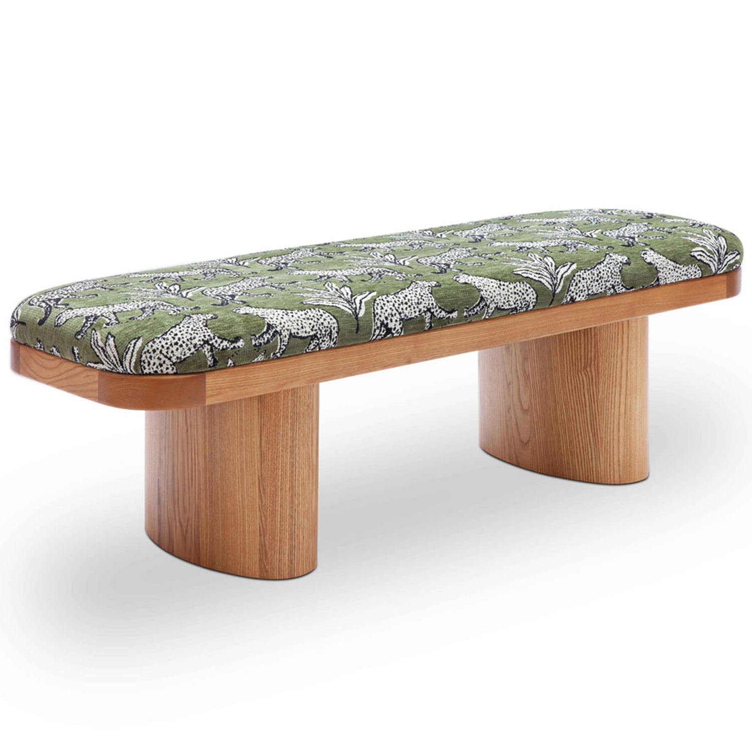 TOV Furniture Ollie olive green leopard jacquard bench, front view
