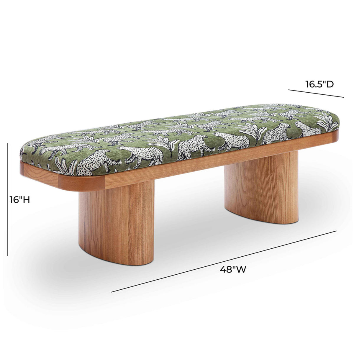 TOV Furniture Ollie olive green leopard jacquard bench, shown to scale in a room