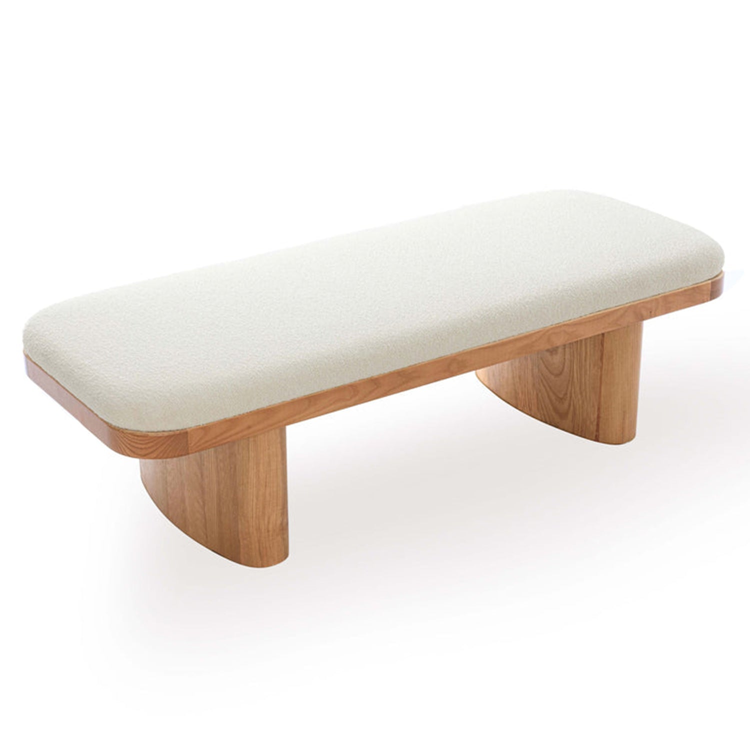 TOV Furniture Ollie white performance boucle large bench, styled at the foot of a bed