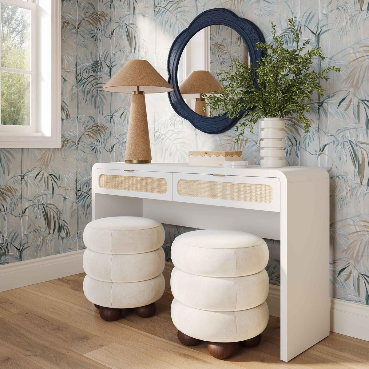 TOV Furniture Patty White Rattan 2-Drawer Console Desk