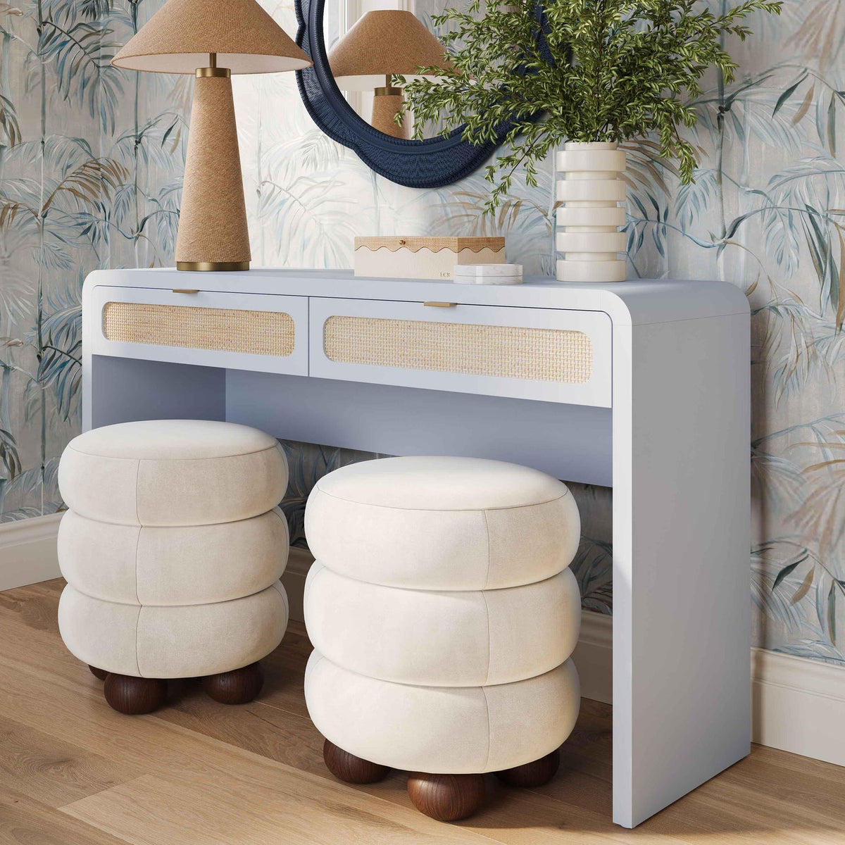 TOV Furniture Patty Blue Rattan 2-Drawer Console Desk