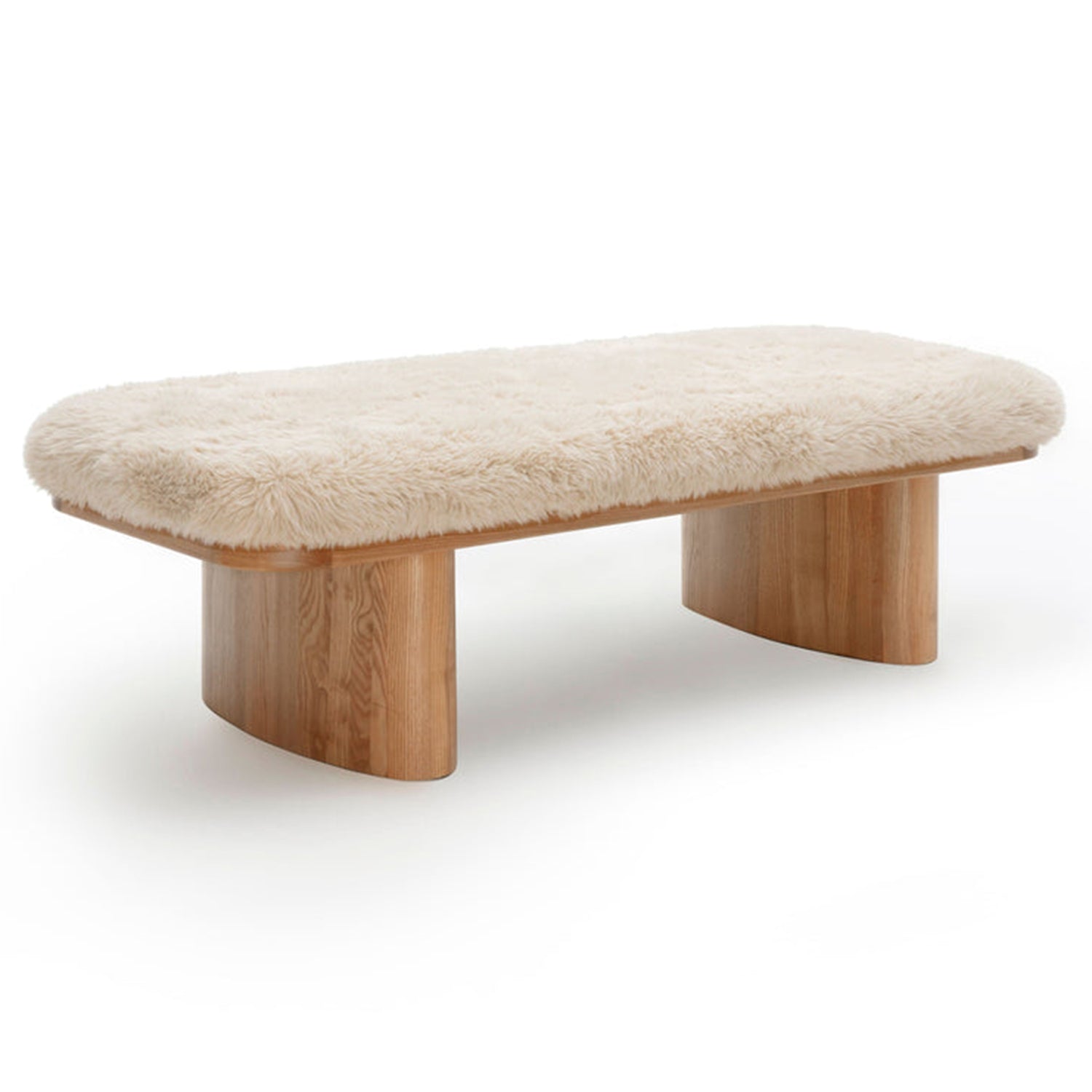 TOV Furniture Ollie vegan shearling straight bench, styled at the foot of a bed (2)