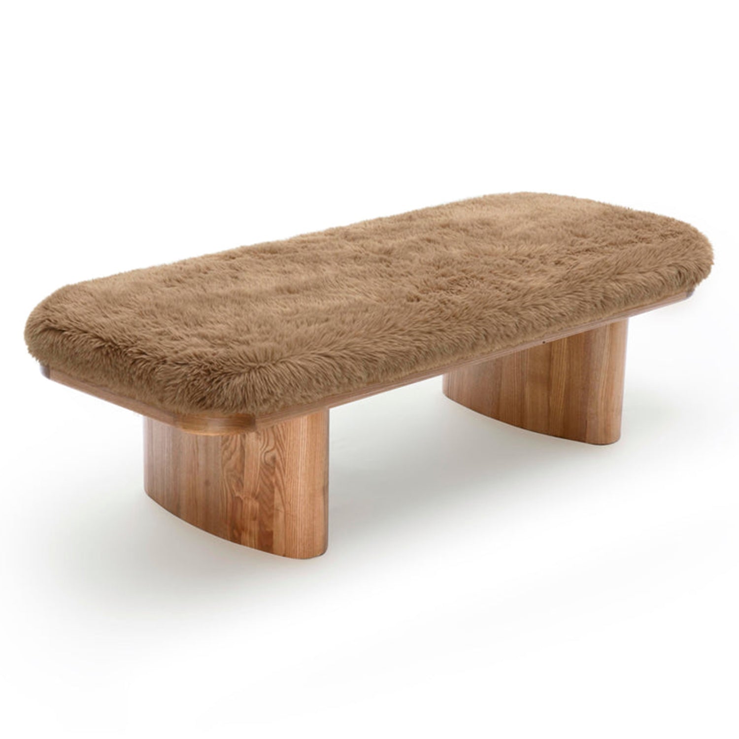 TOV Furniture Ollie vegan shearling straight bench, styled at the foot of a bed (3)