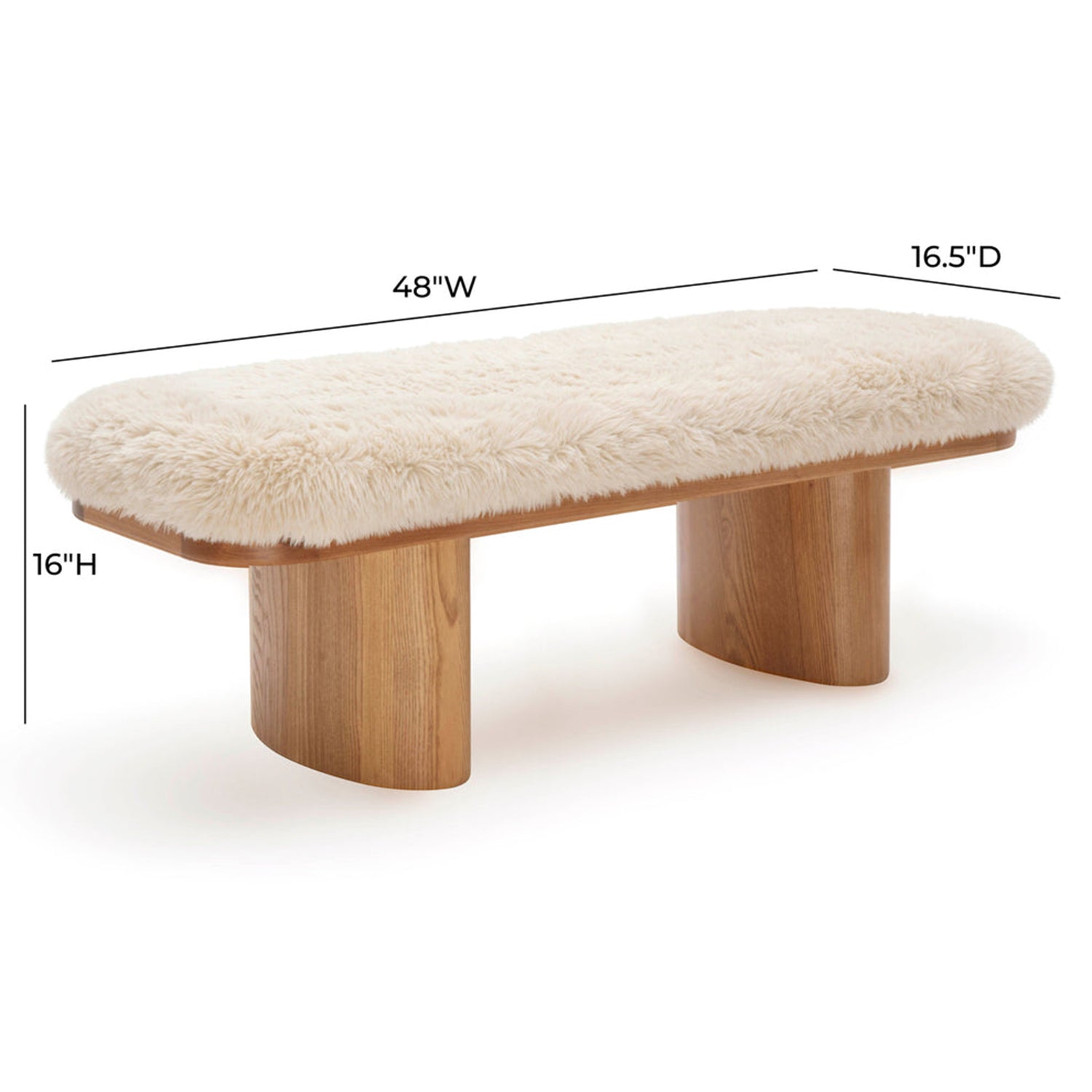 TOV Furniture Ollie vegan shearling straight bench, styled at the foot of a bed