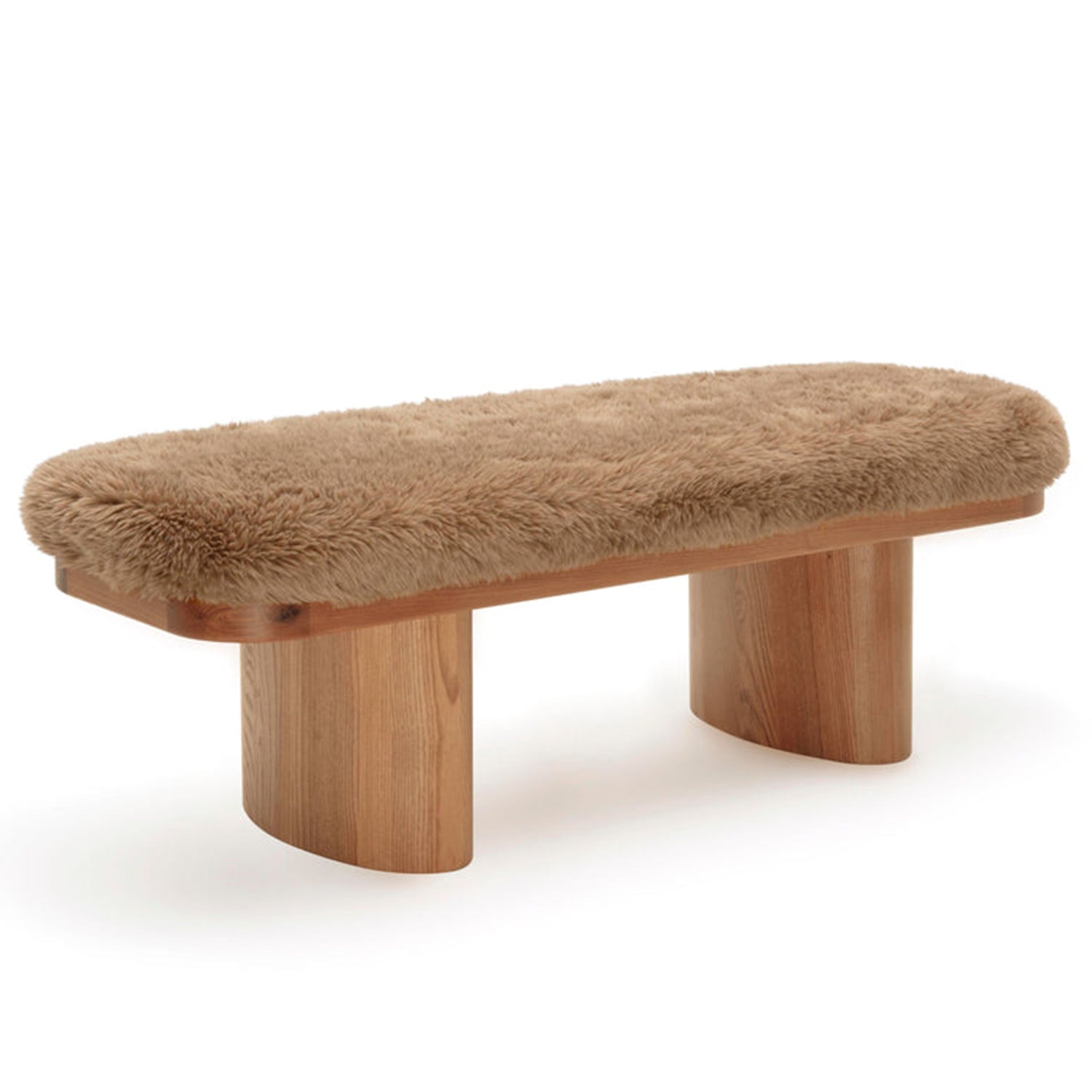 TOV Furniture Ollie vegan shearling straight bench, wood leg detail