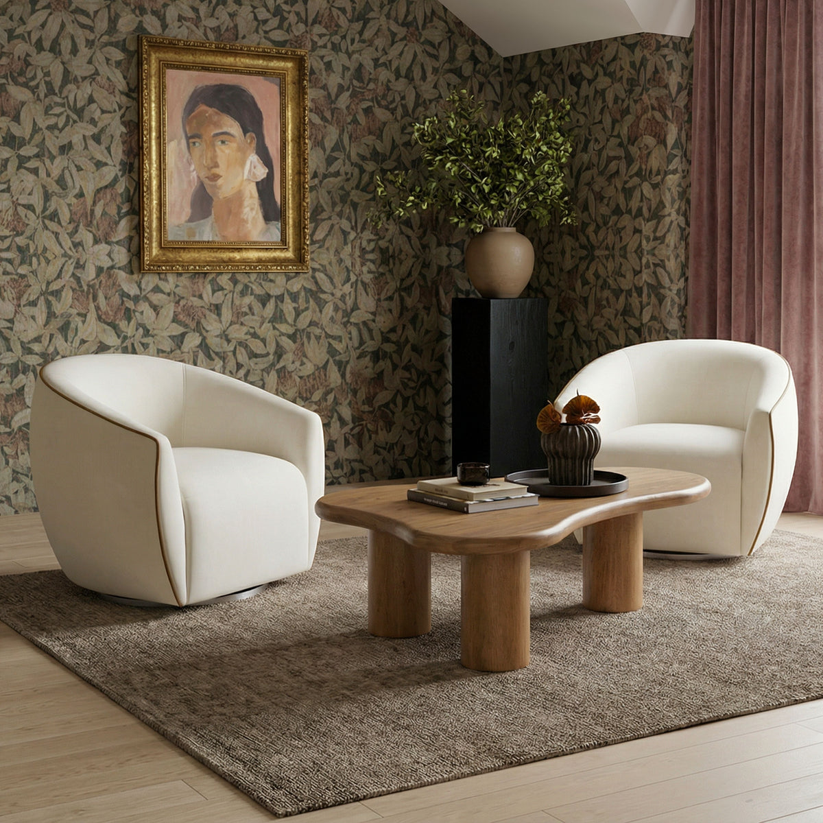 TOV Furniture Jordan Cream Contrast Piping Performance Velvet Swivel Chair
