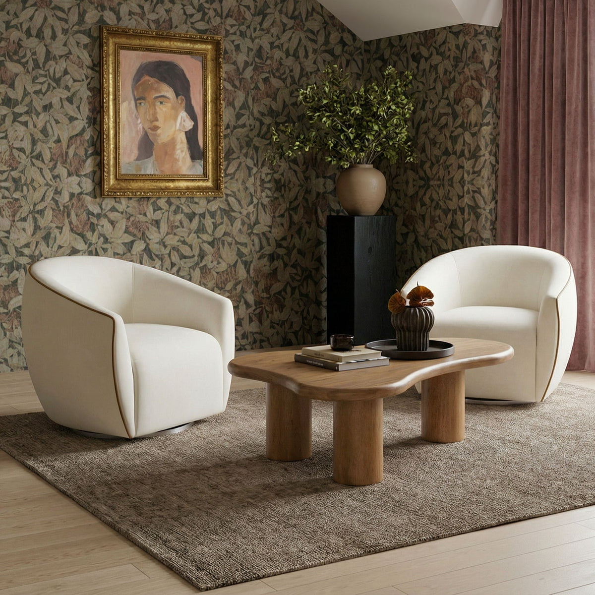 TOV Furniture Jordan Cream Contrast Piping Performance Velvet Swivel Chair