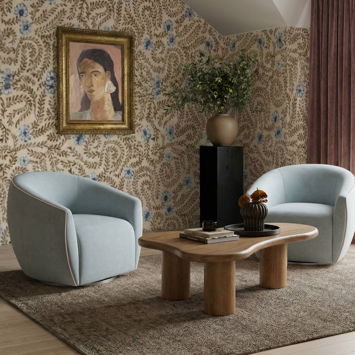 TOV Furniture Jordan Blue Contrast Piping Performance Velvet Swivel Chair
