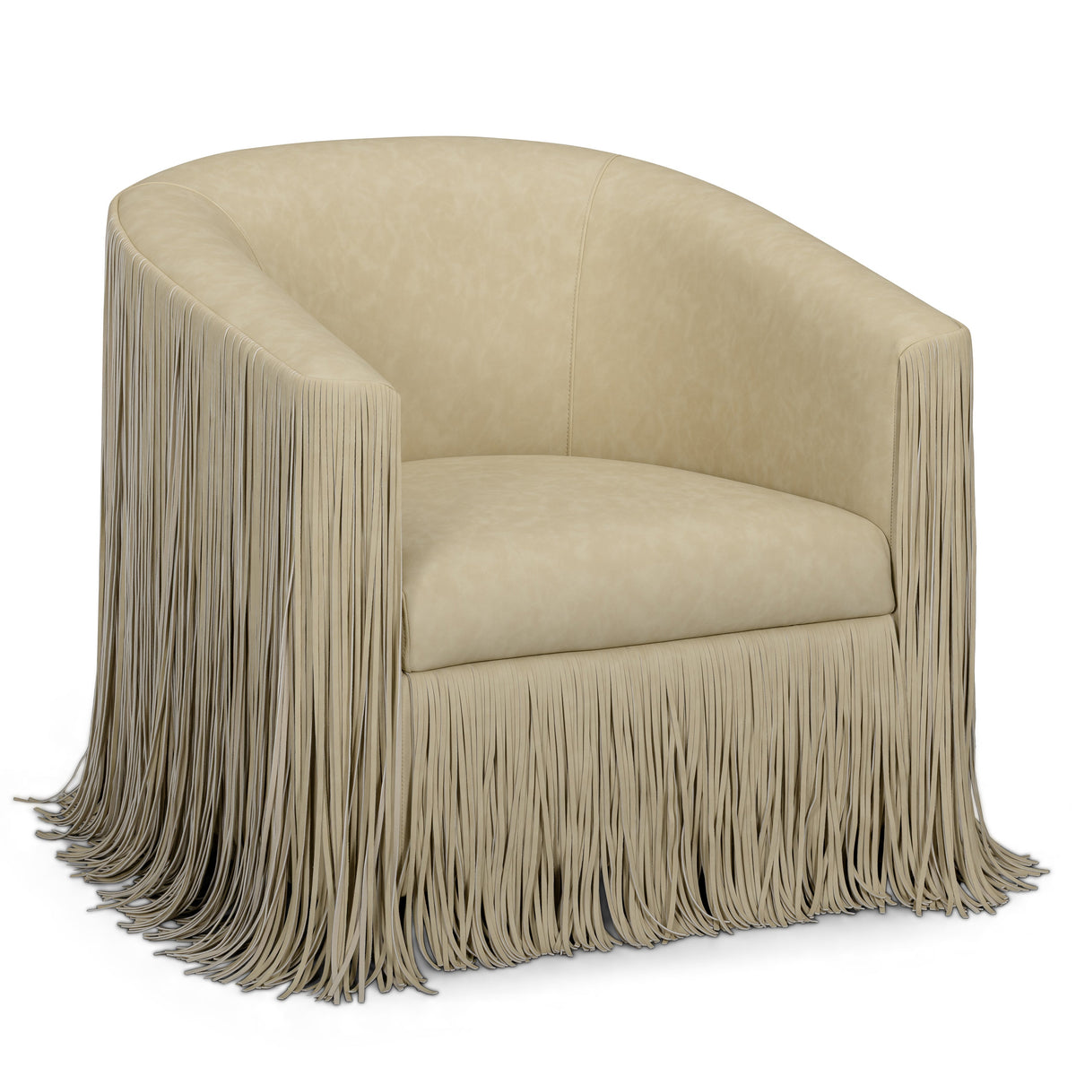 TOV Furniture Shag Me Performance Vegan Leather Swivel Accent Chair in tan vegan leather with fringe, primary product view