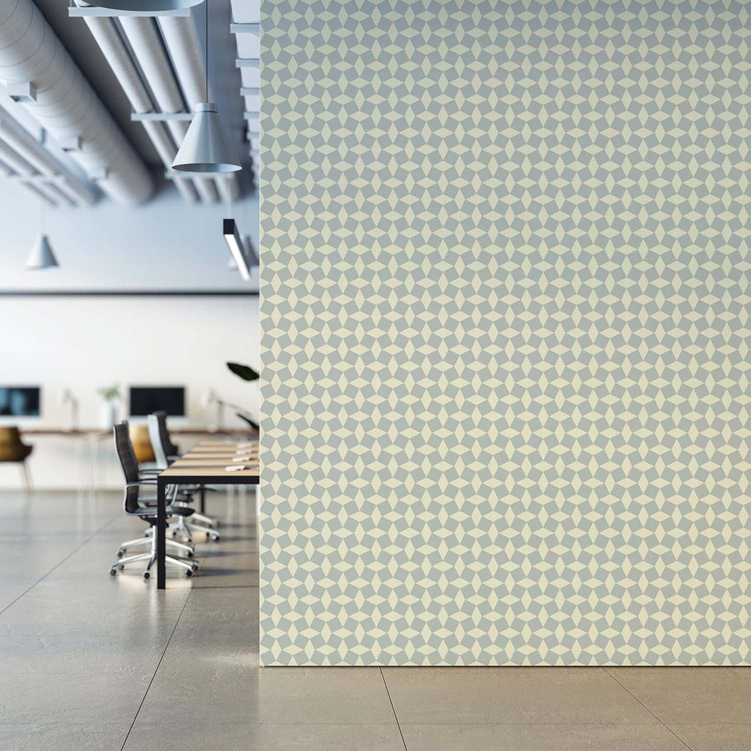 Tailored Check designer wallpaper in Oxford Blue styled in a sunlit kitchen