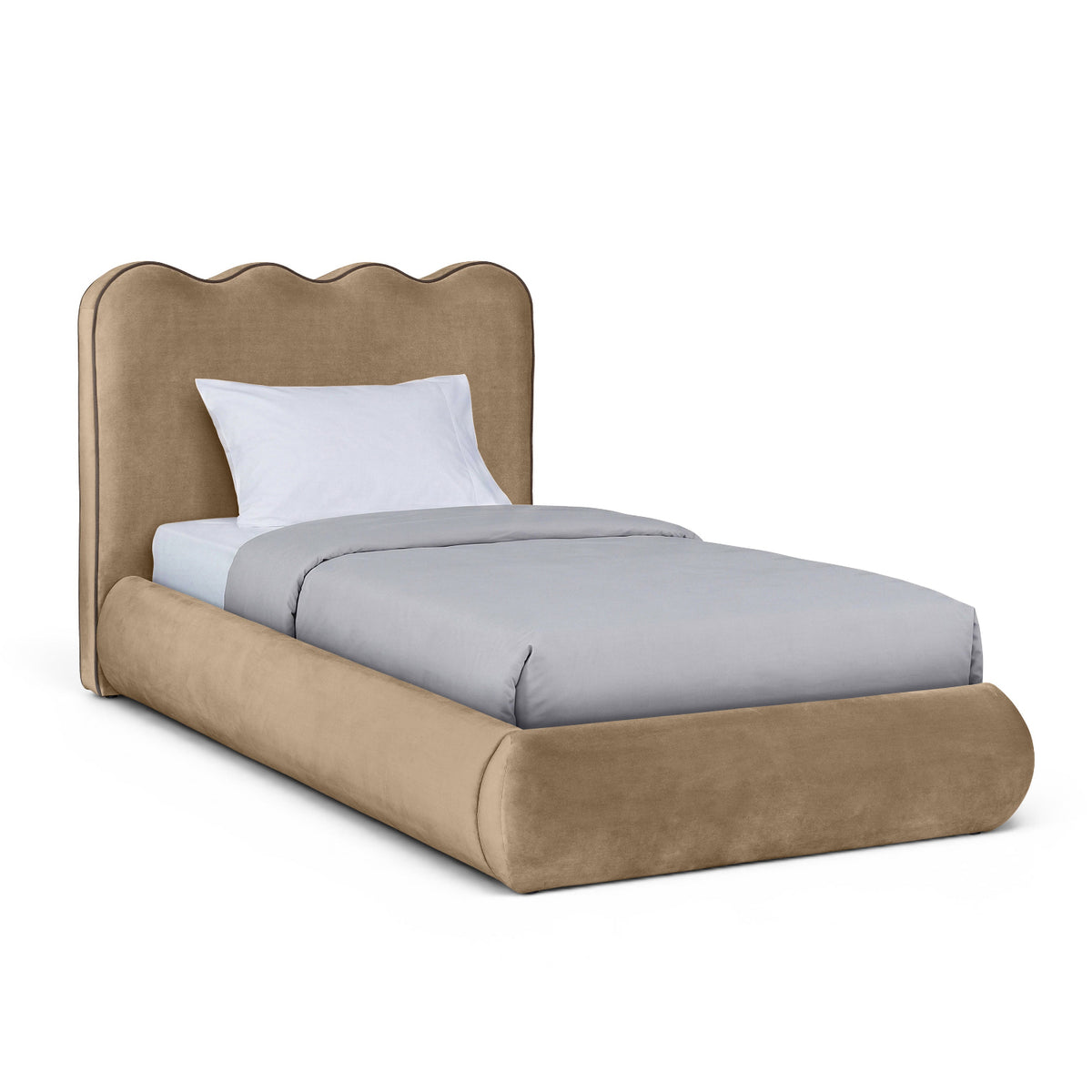Tempo Beige Velvet Upholstered Bed in beige velvet, primary product view