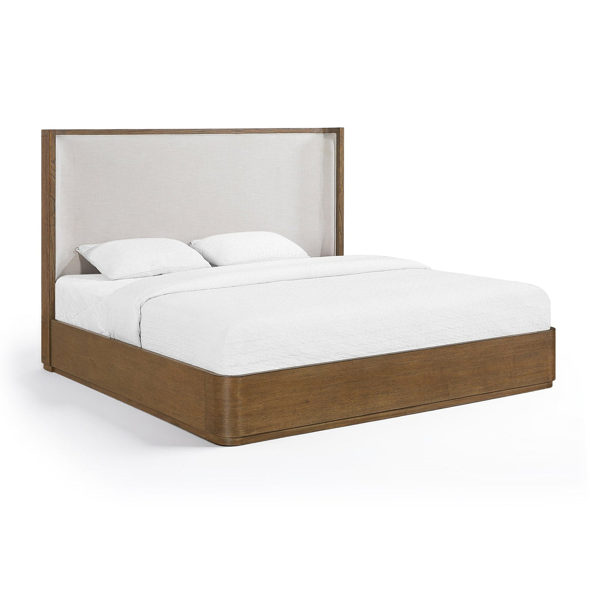Tiberio Brown Cream Solid Wood And Linen Textured Fabric Bed