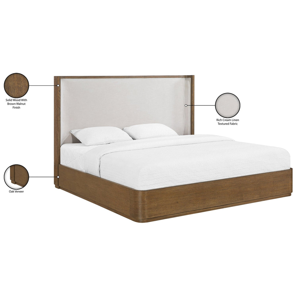 Tiberio Brown Cream Solid Wood And Linen Textured Fabric Bed
