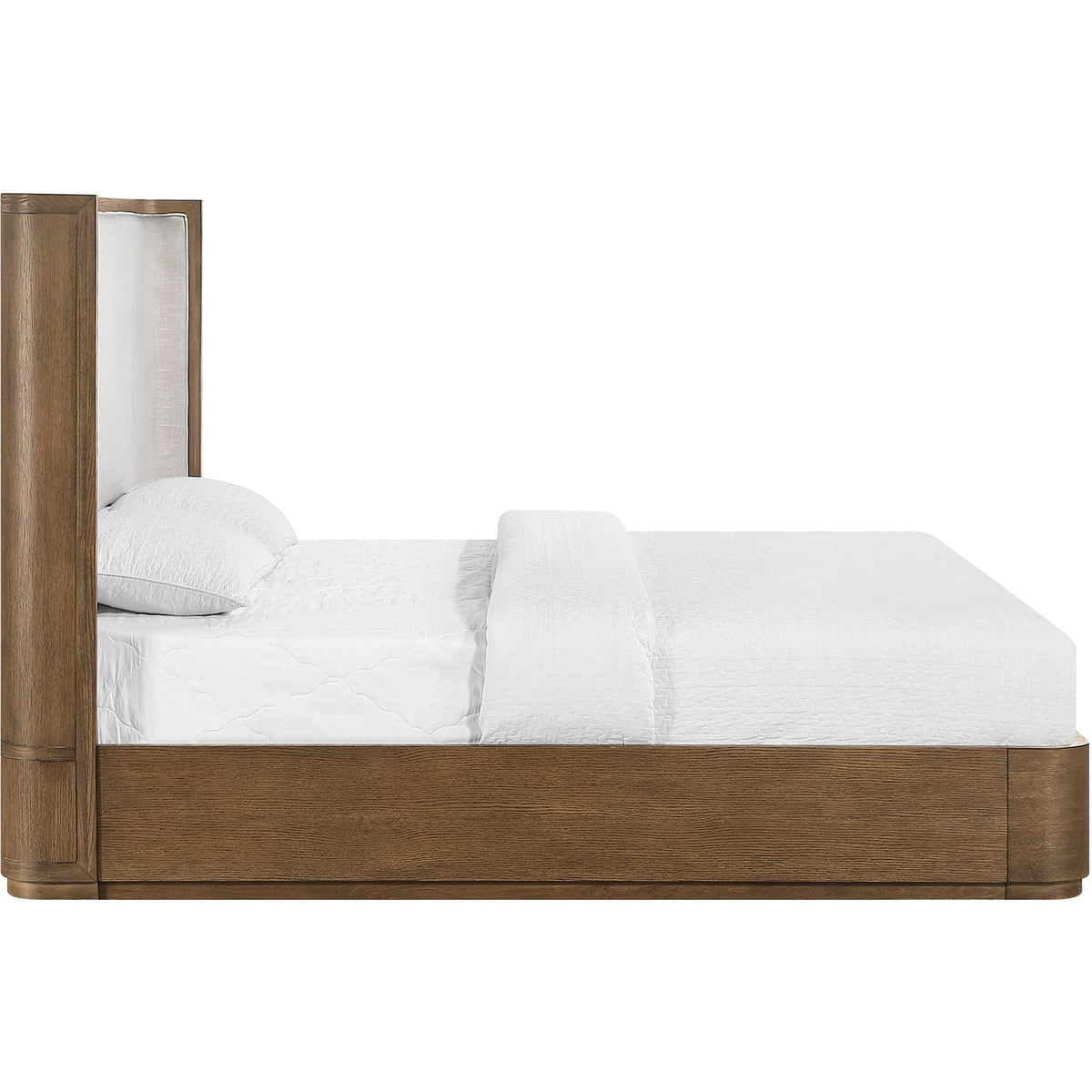 Tiberio Brown Cream Solid Wood And Linen Textured Fabric Bed