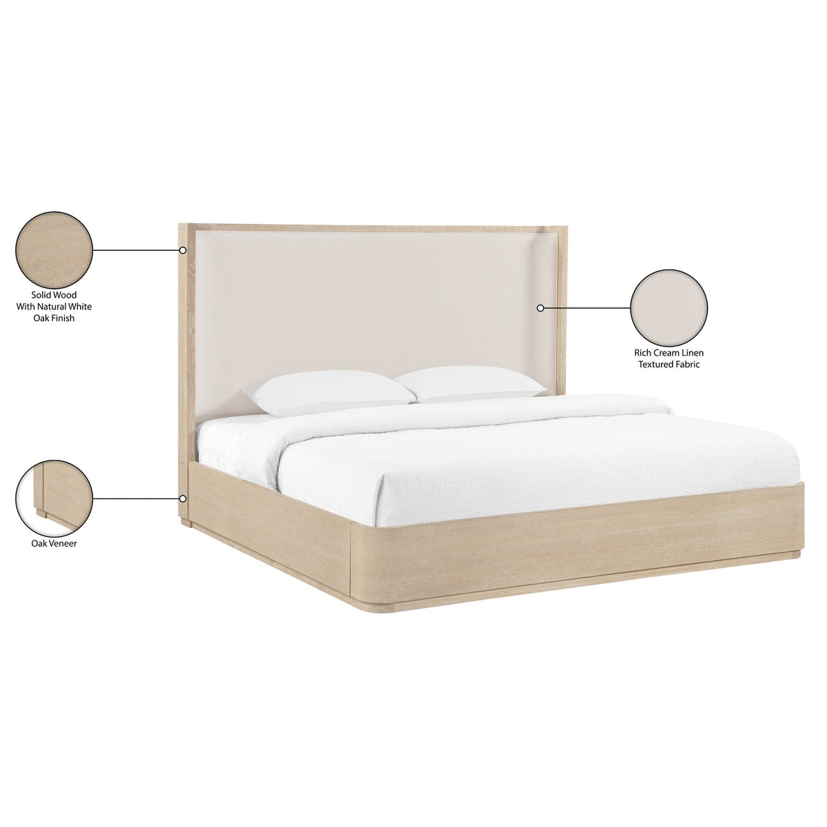 Tiberio Natural Cream Solid Wood And Linen Textured Fabric Bed