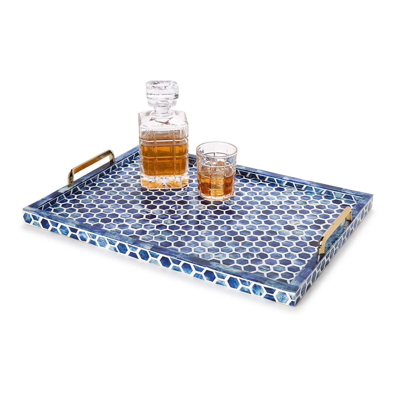 Blue and White Inlaid Decorative Rectangle Serving Tray