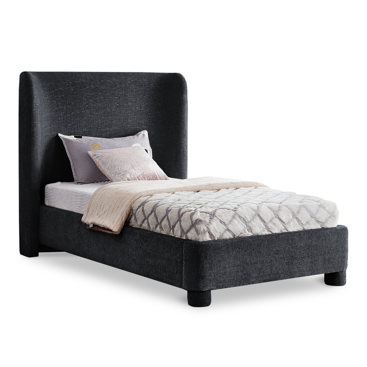 Penny Black Chenille Fabric Upholstered Bed