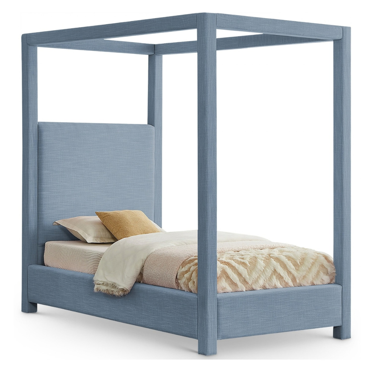 Emerson Sky Blue Linen Textured Fabric Upholstered Bed