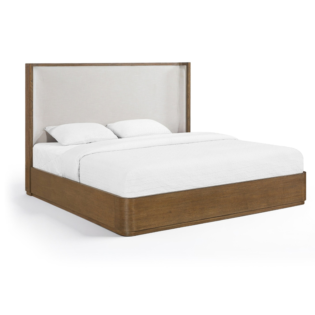 Tiberio Brown Cream Solid Wood And Linen Textured Fabric Bed