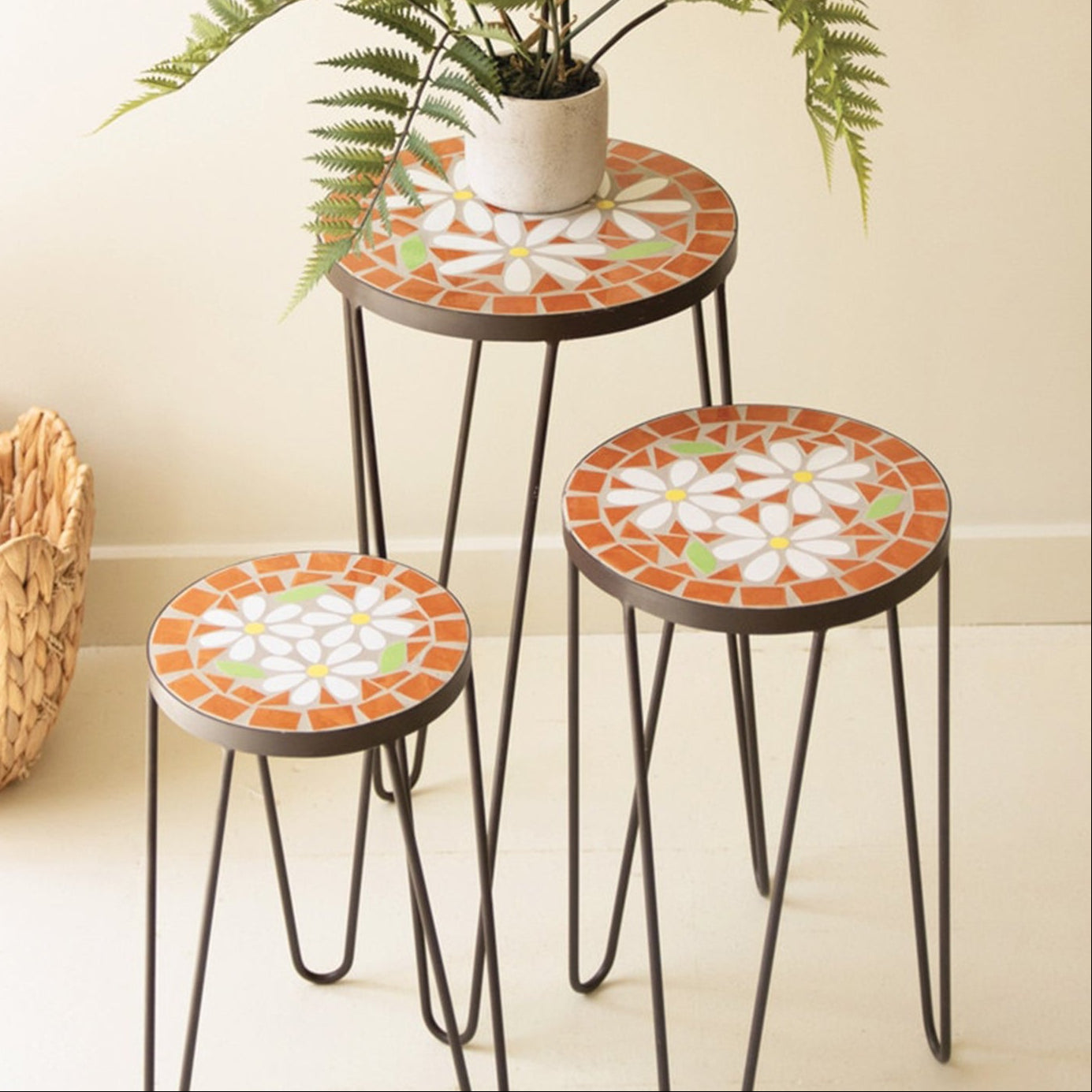 Nesting Mosaic Tile Tables with Metal Base Set of 3
