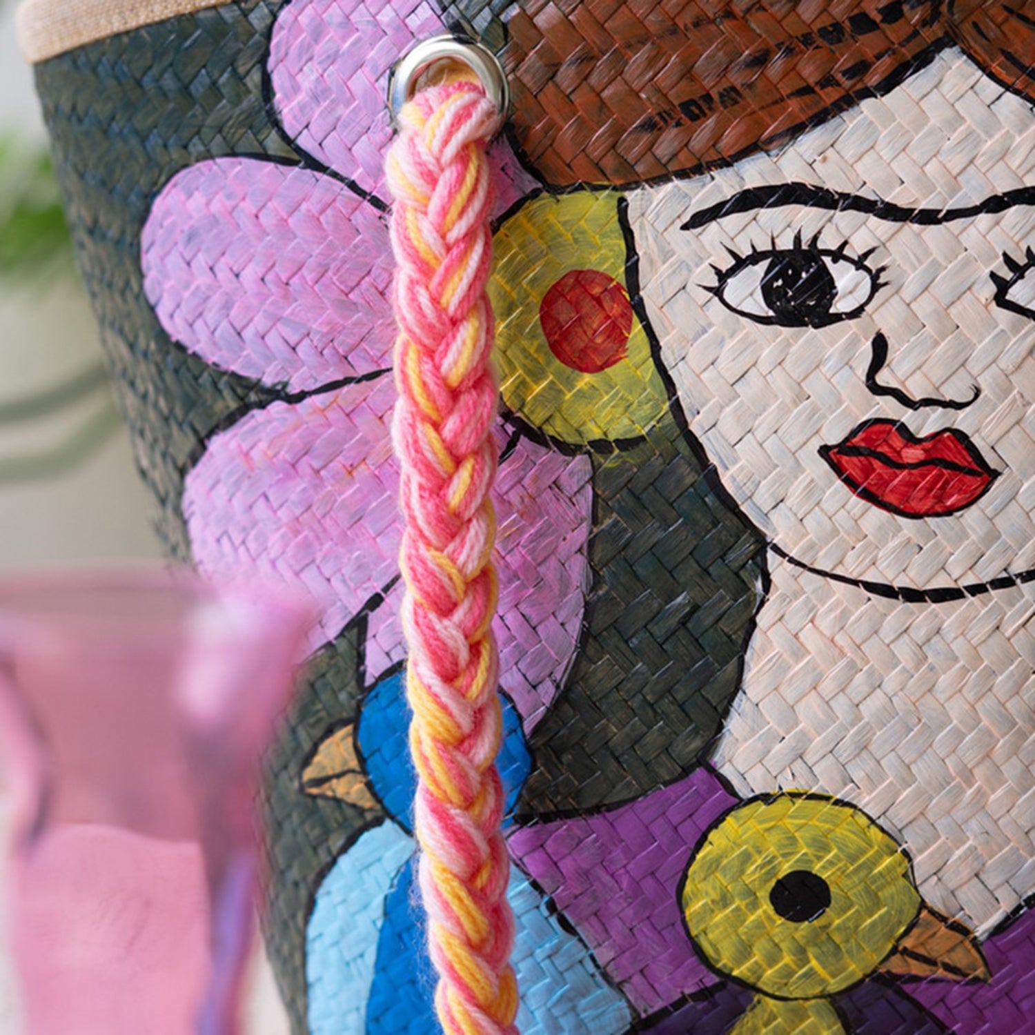 Girl with Blue Birds Hand-Painted Seagrass Bag