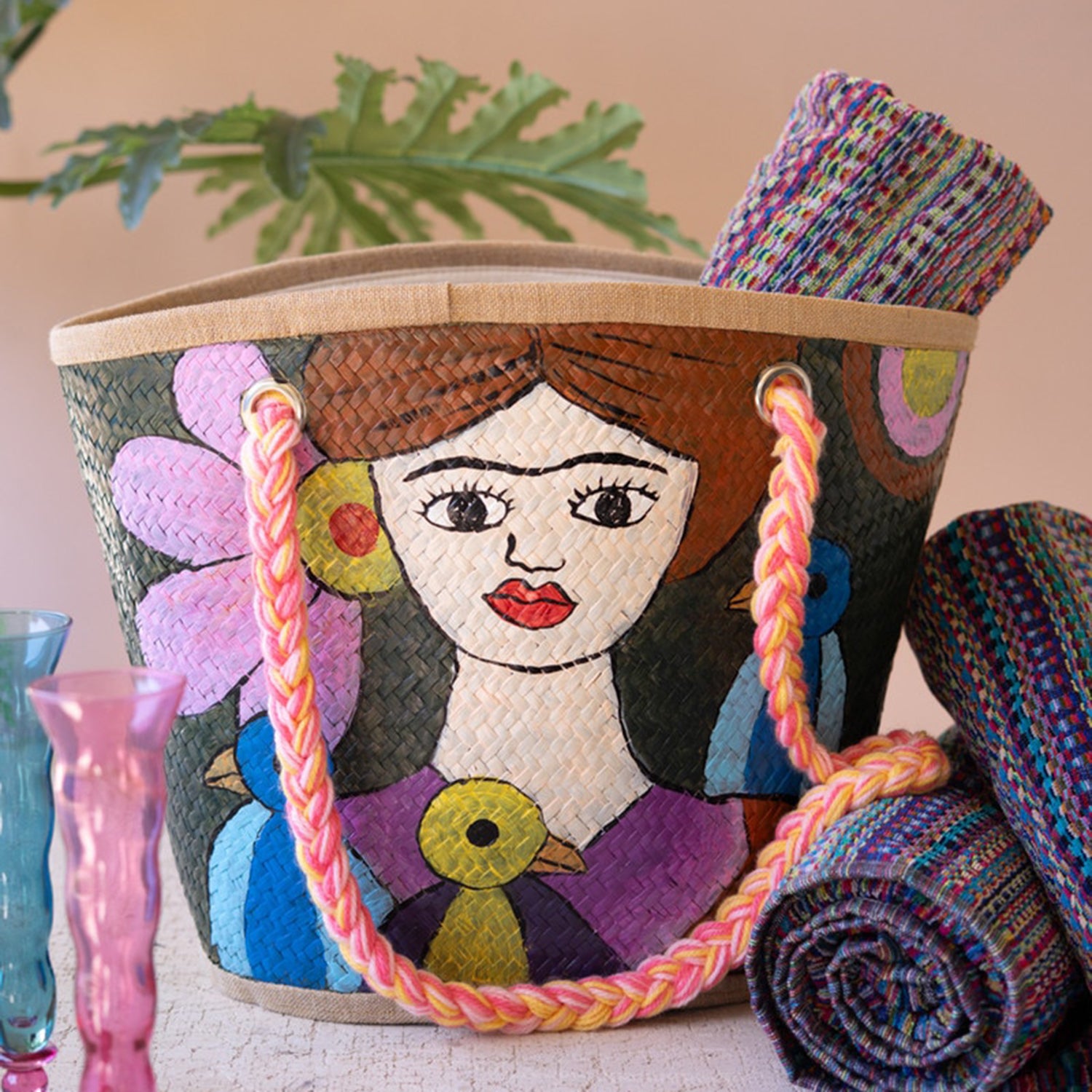 Girl with Blue Birds Hand-Painted Seagrass Bag
