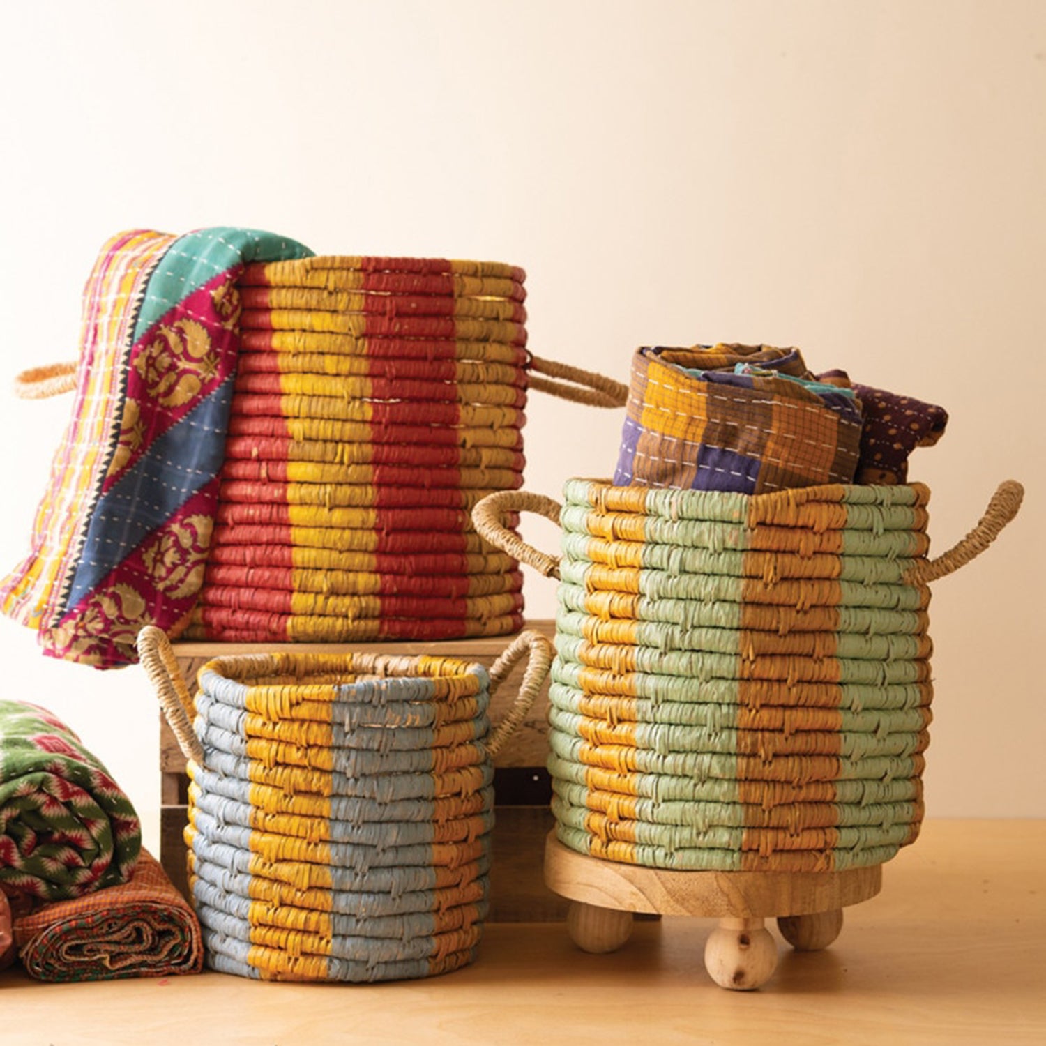 Seagrass Basket with Multi-Colored Stripe Set of 3