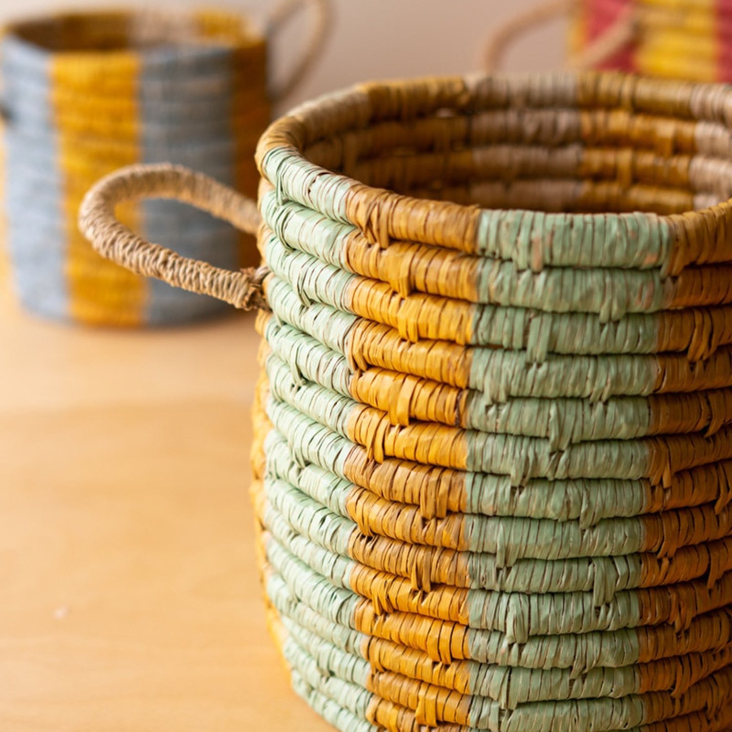 Seagrass Basket with Multi-Colored Stripe Set of 3