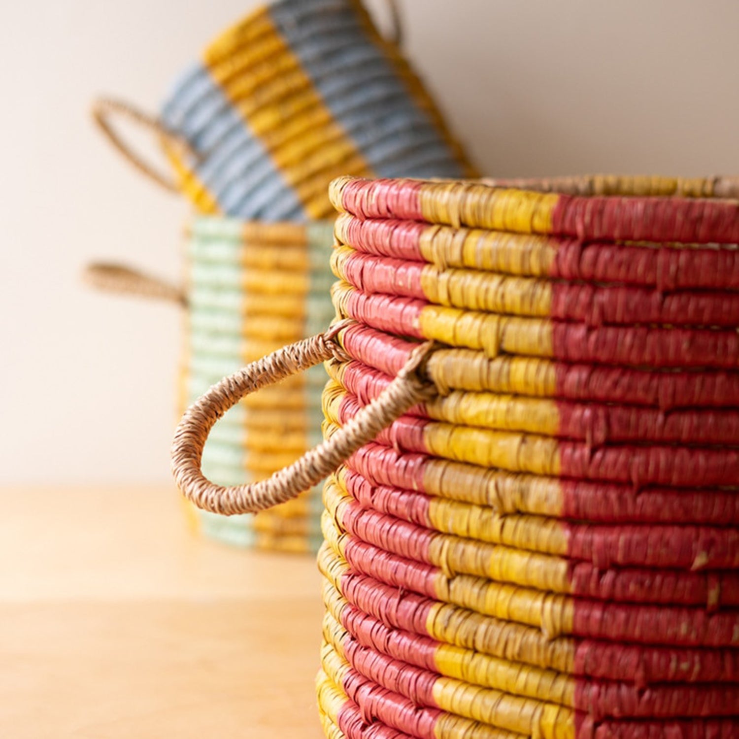 Seagrass Basket with Multi-Colored Stripe Set of 3