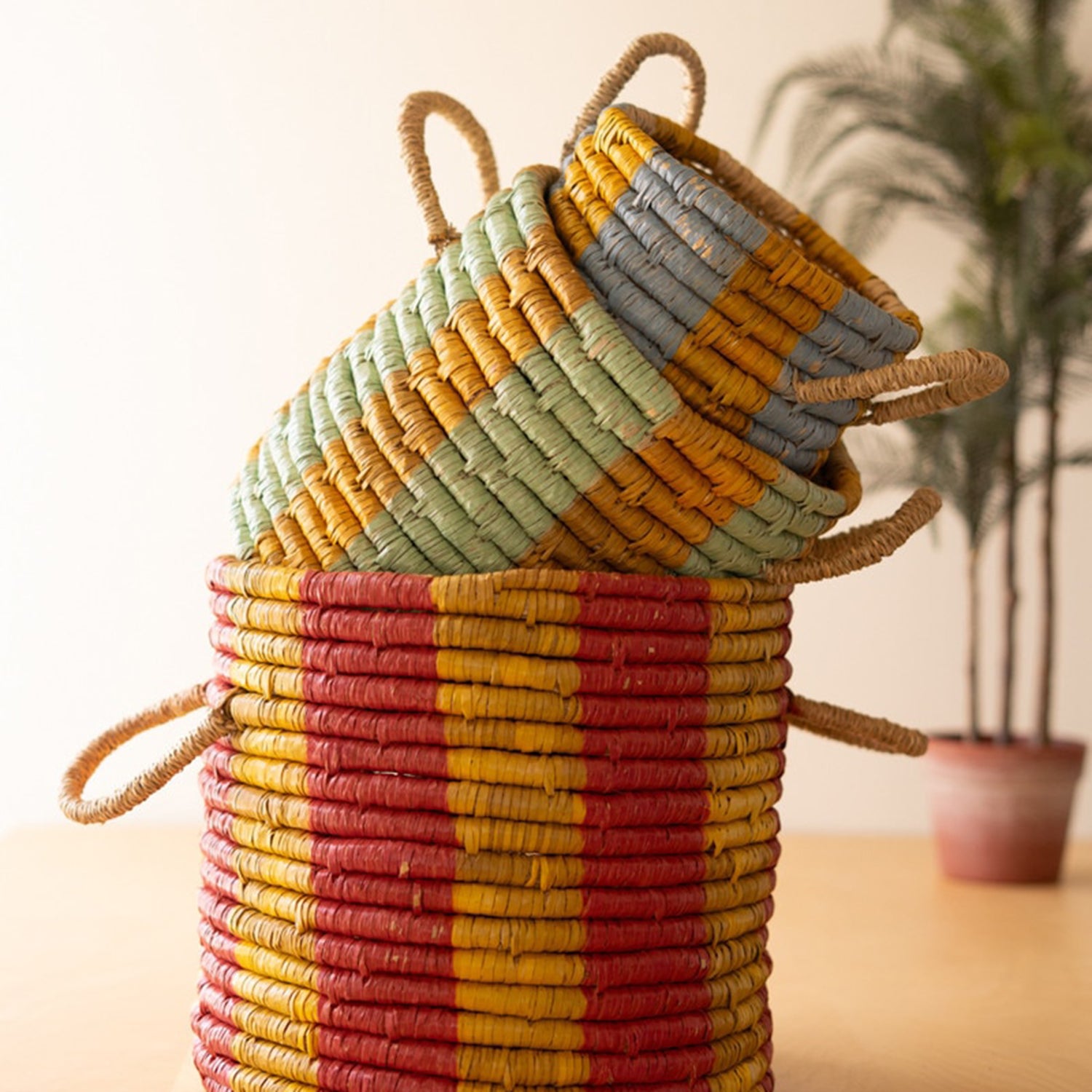Seagrass Basket with Multi-Colored Stripe Set of 3
