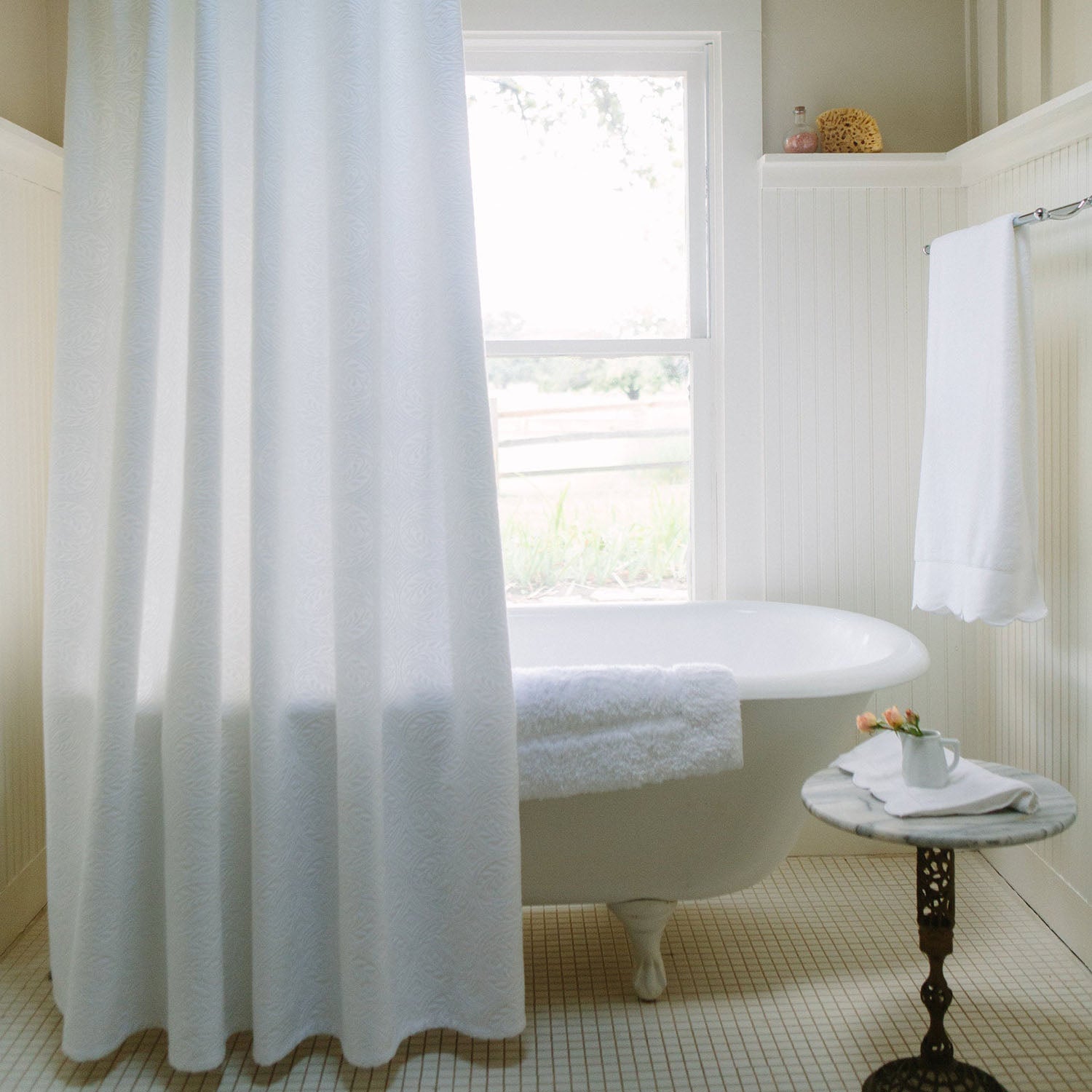 Peacock Alley Vienna Matelasse Shower Curtain cotton matelasse shower curtain, draped detail showing the pattern