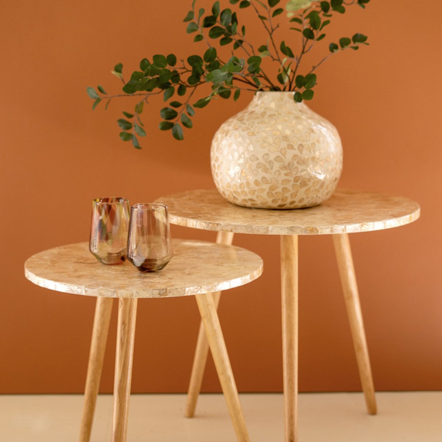Wooden Accent Table with Capiz Shell Set of 2