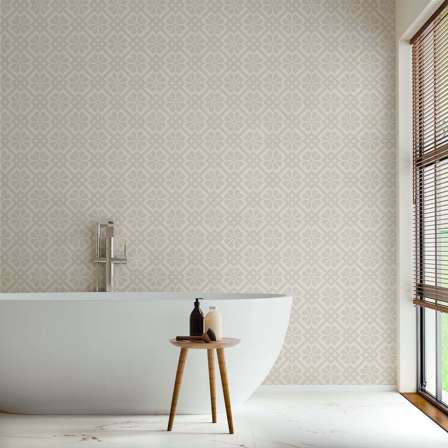 Villa Mosaic designer wallpaper in Washed Terracotta styled in a cozy living room