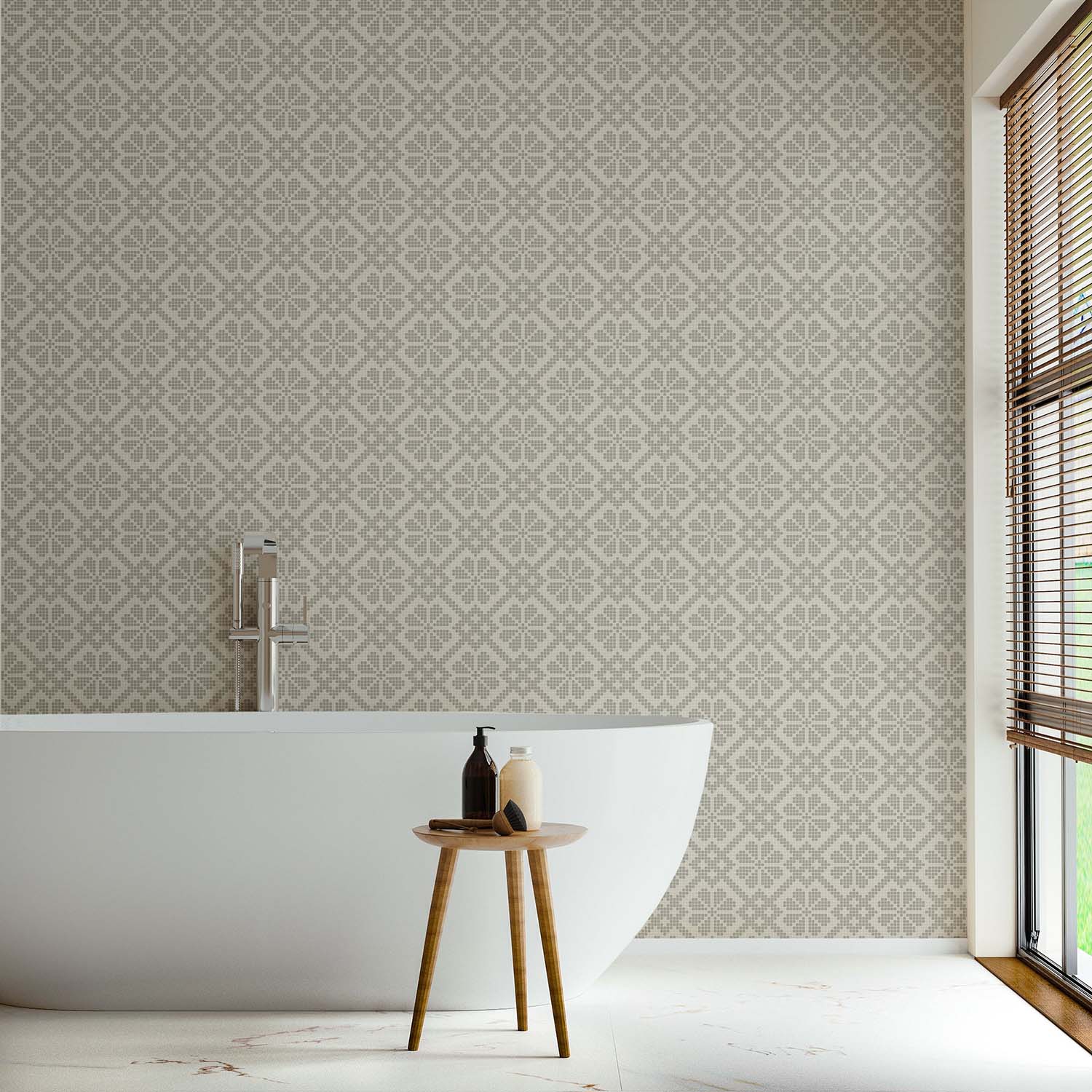 Villa Mosaic designer wallpaper in Washed Terracotta styled in a stair hall