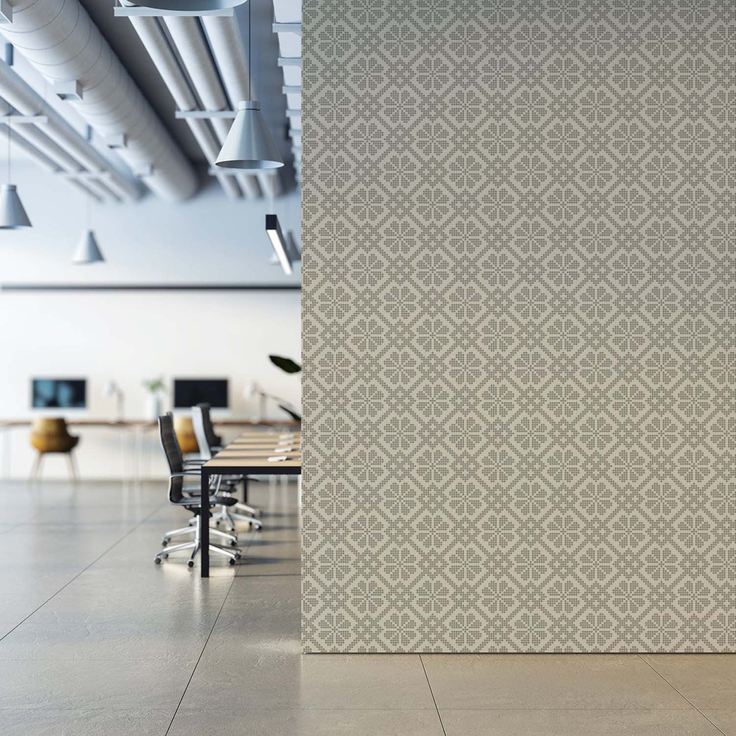 Villa Mosaic designer wallpaper in Ash Linen styled in a sunlit kitchen