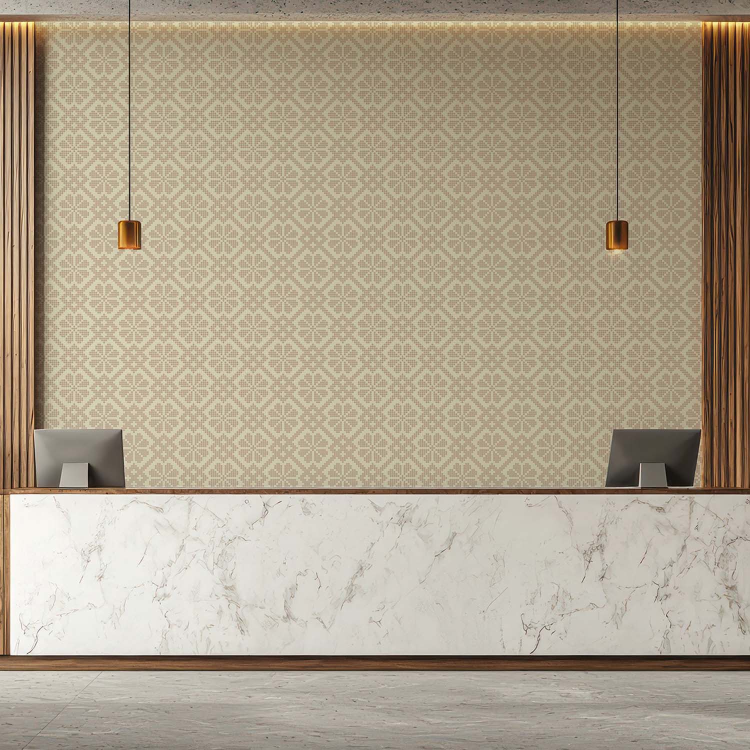 Villa Mosaic designer wallpaper in Ash Linen styled in a paneled den