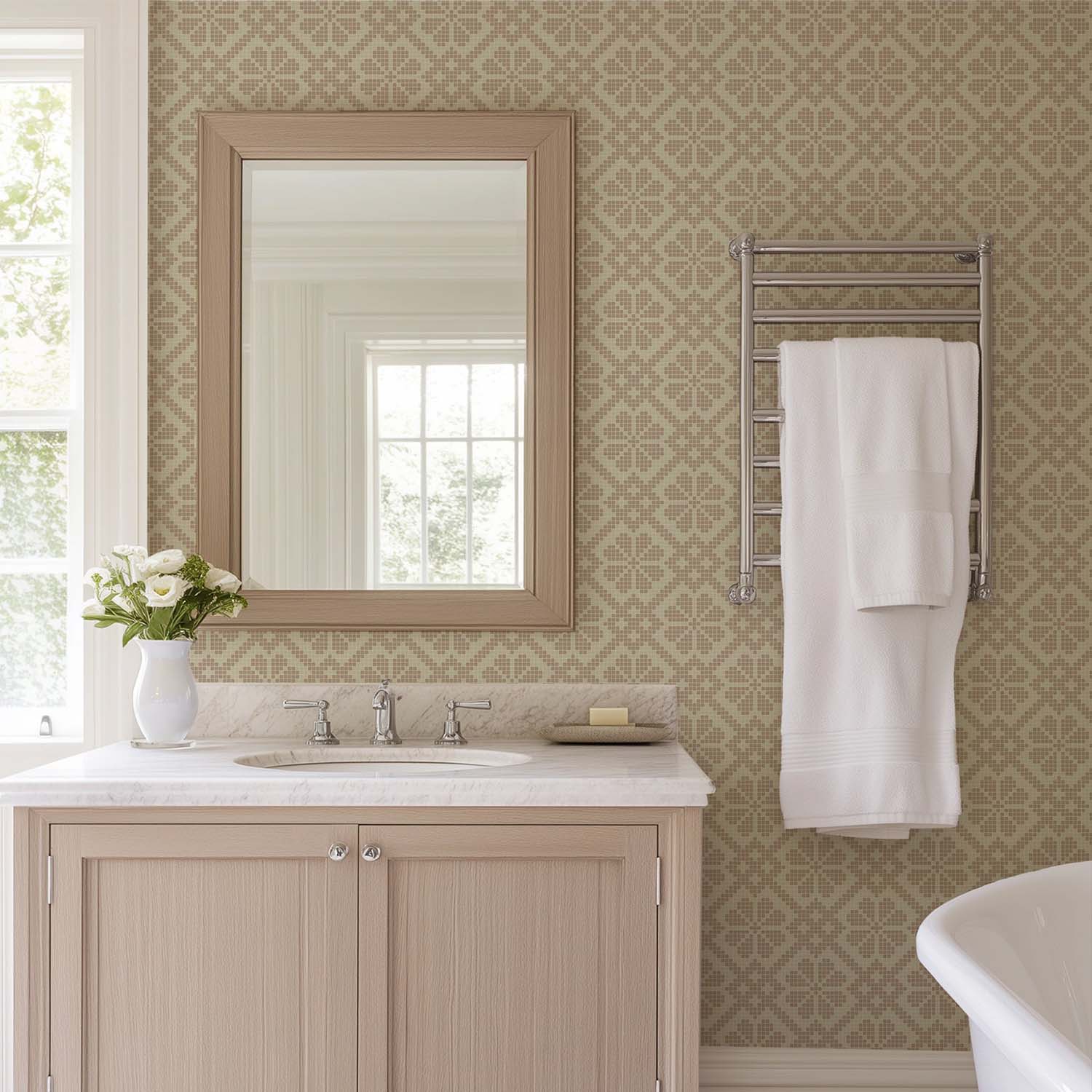 Villa Mosaic designer wallpaper in Pale Mineral Blue styled in a butler's pantry