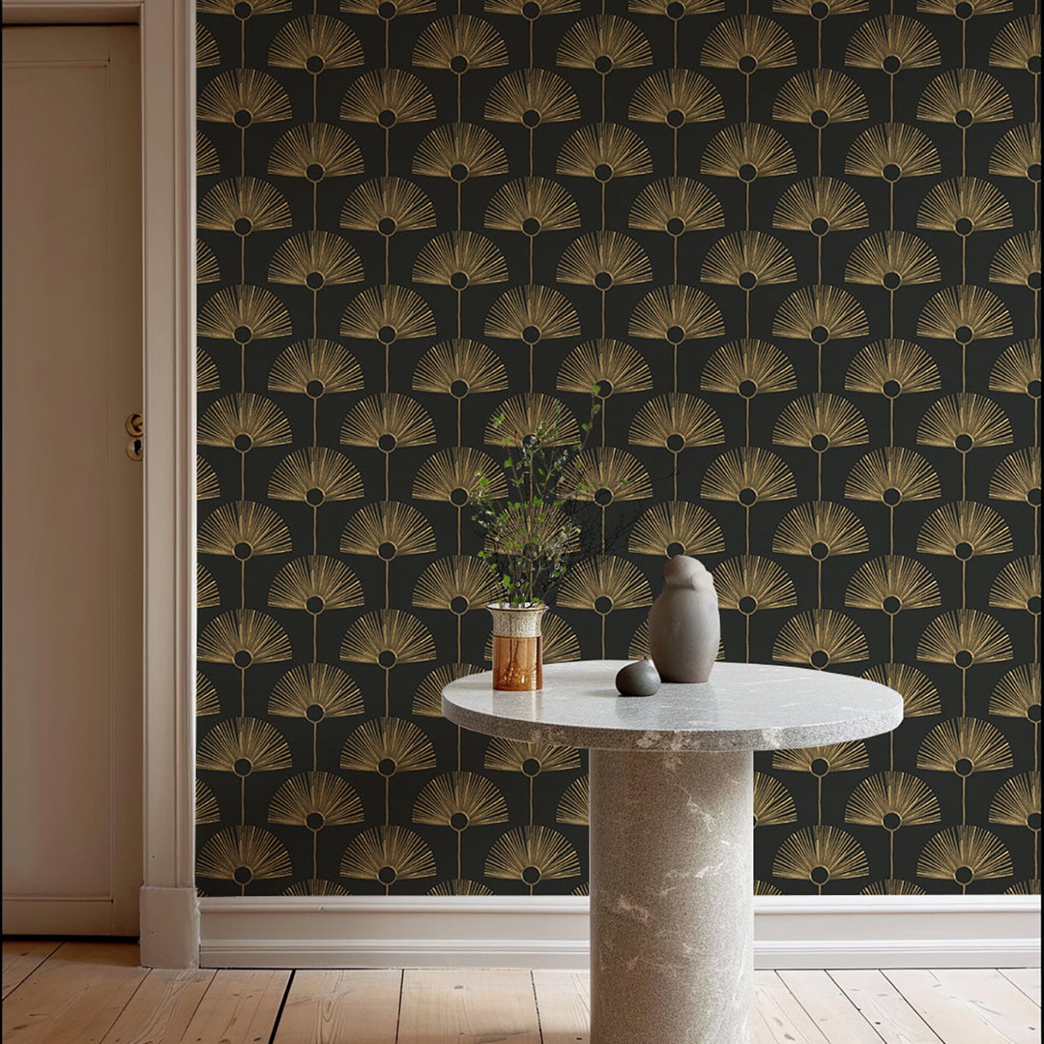 Mitchell Black Deco Fan Grasscloth Wallpaper