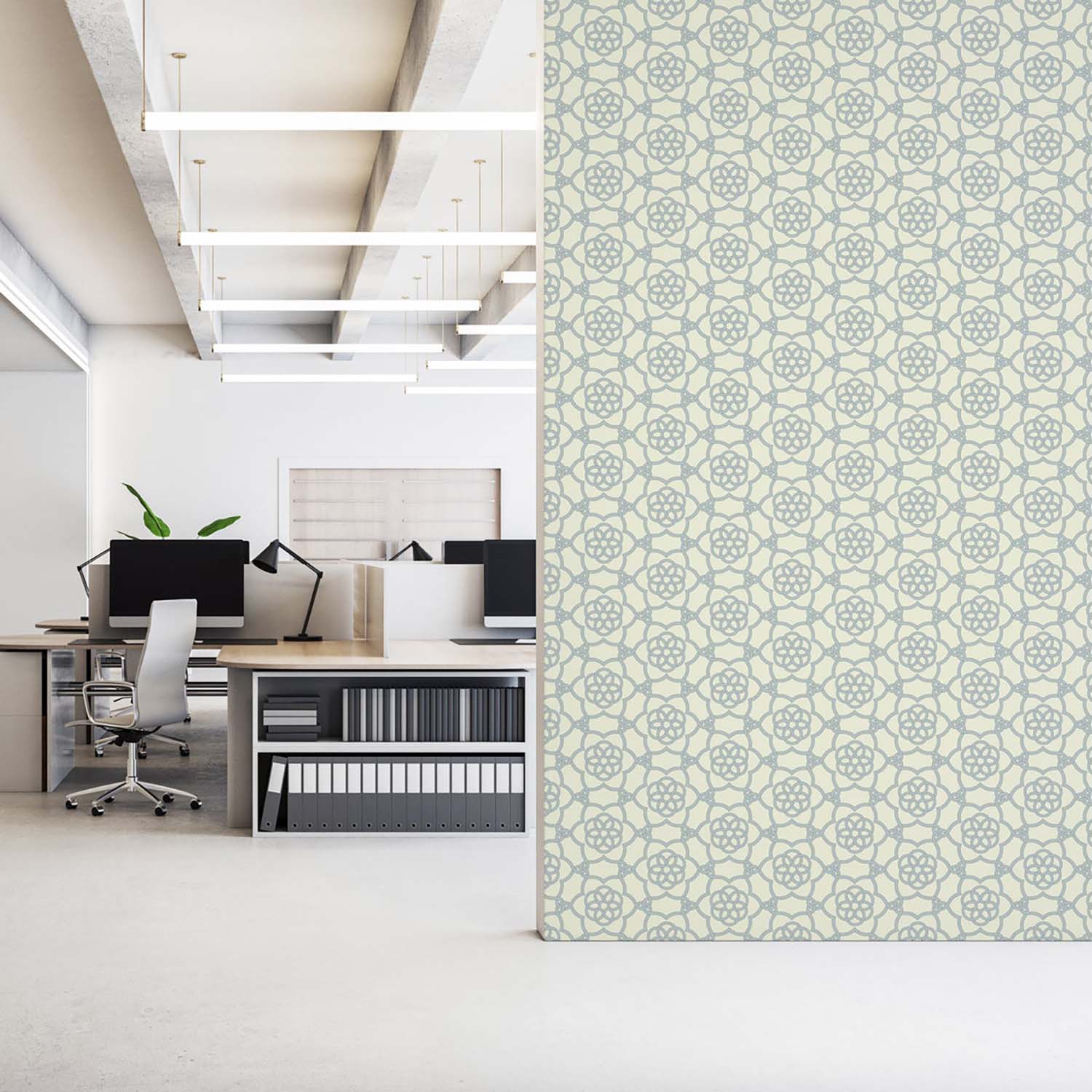 Floret Lattice floral wallpaper in Silver Sage, styled shelf vignette