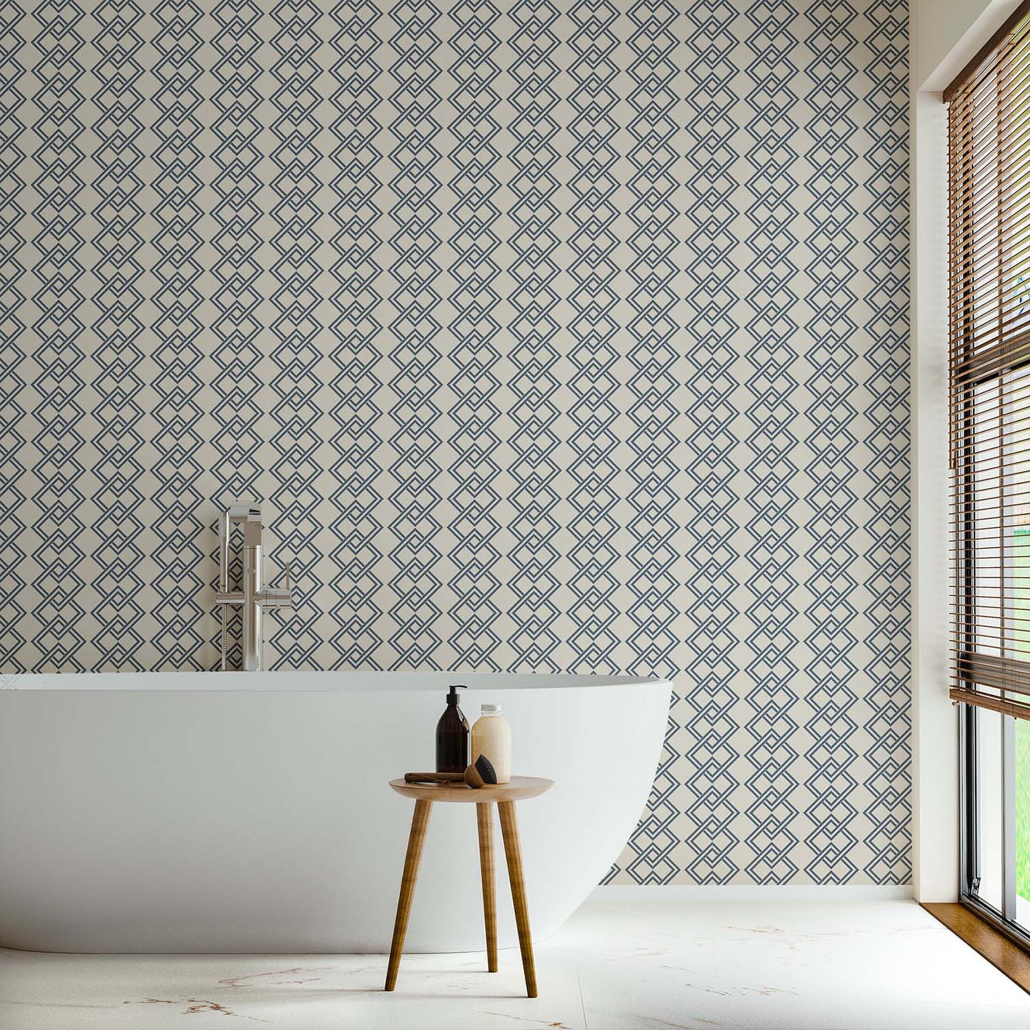 Mod Block geometric wallpaper in Parchment Sage, styled room setting