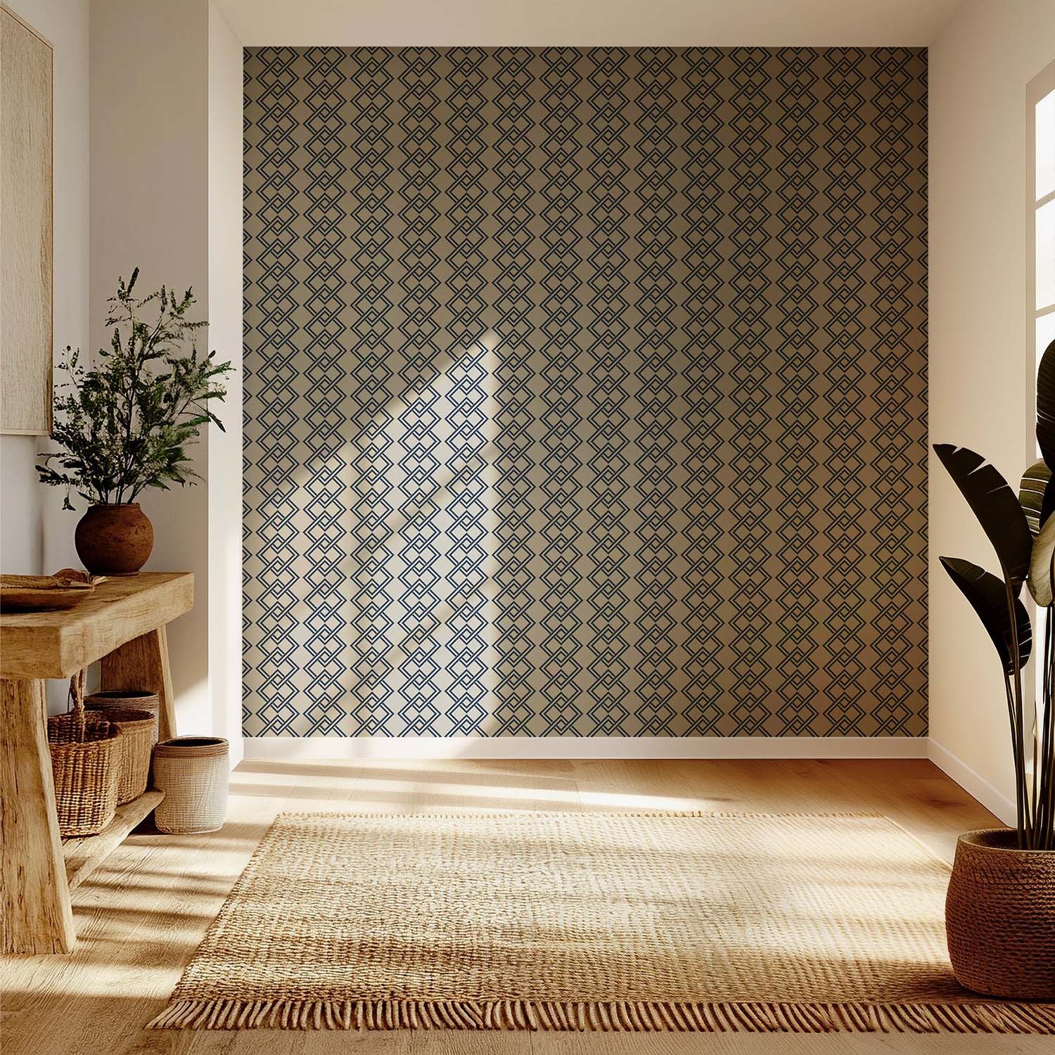 Mod Block geometric wallpaper in Oxford Blue, accent wall