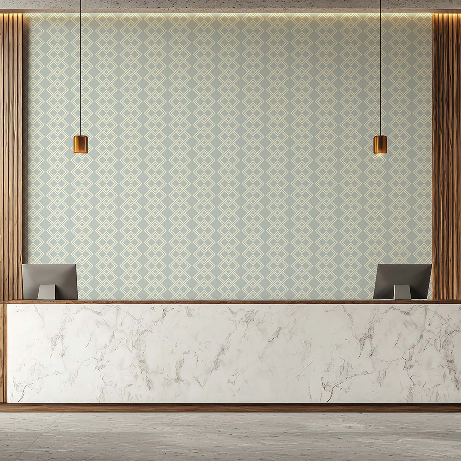 Mod Block geometric wallpaper in Oxford Blue, interior scene