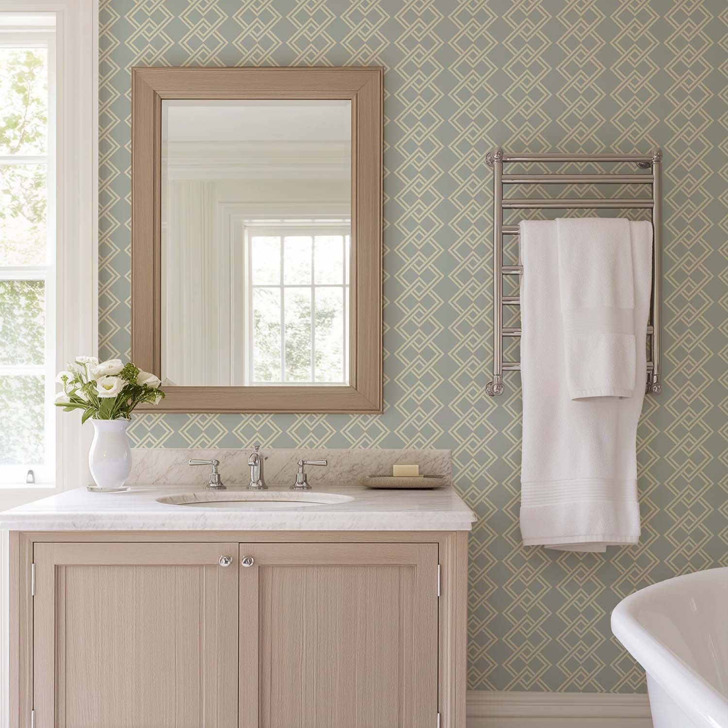 Mod Block geometric wallpaper in Parchment Sage, corner detail