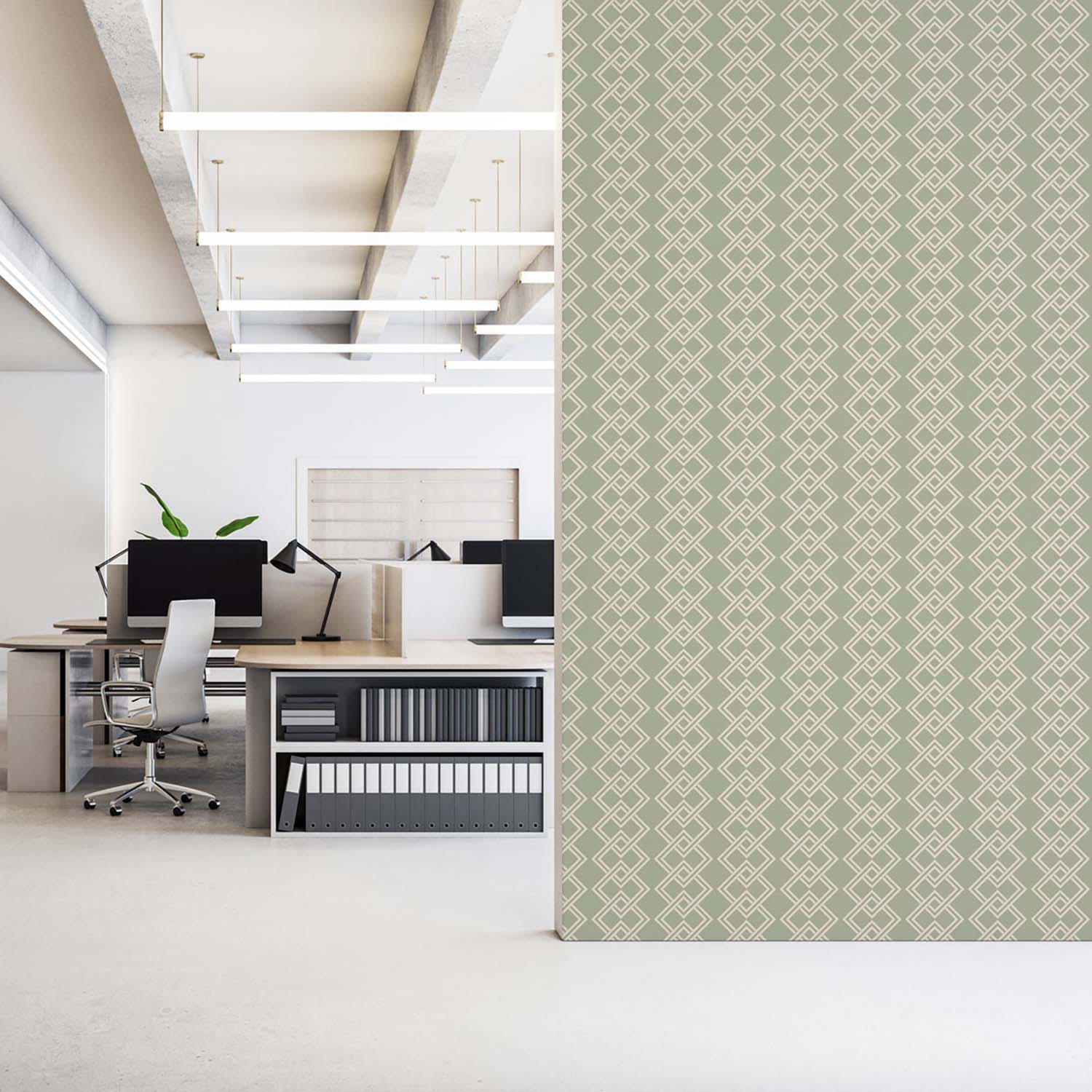 Mod Block geometric wallpaper in Walnut, styled shelf vignette